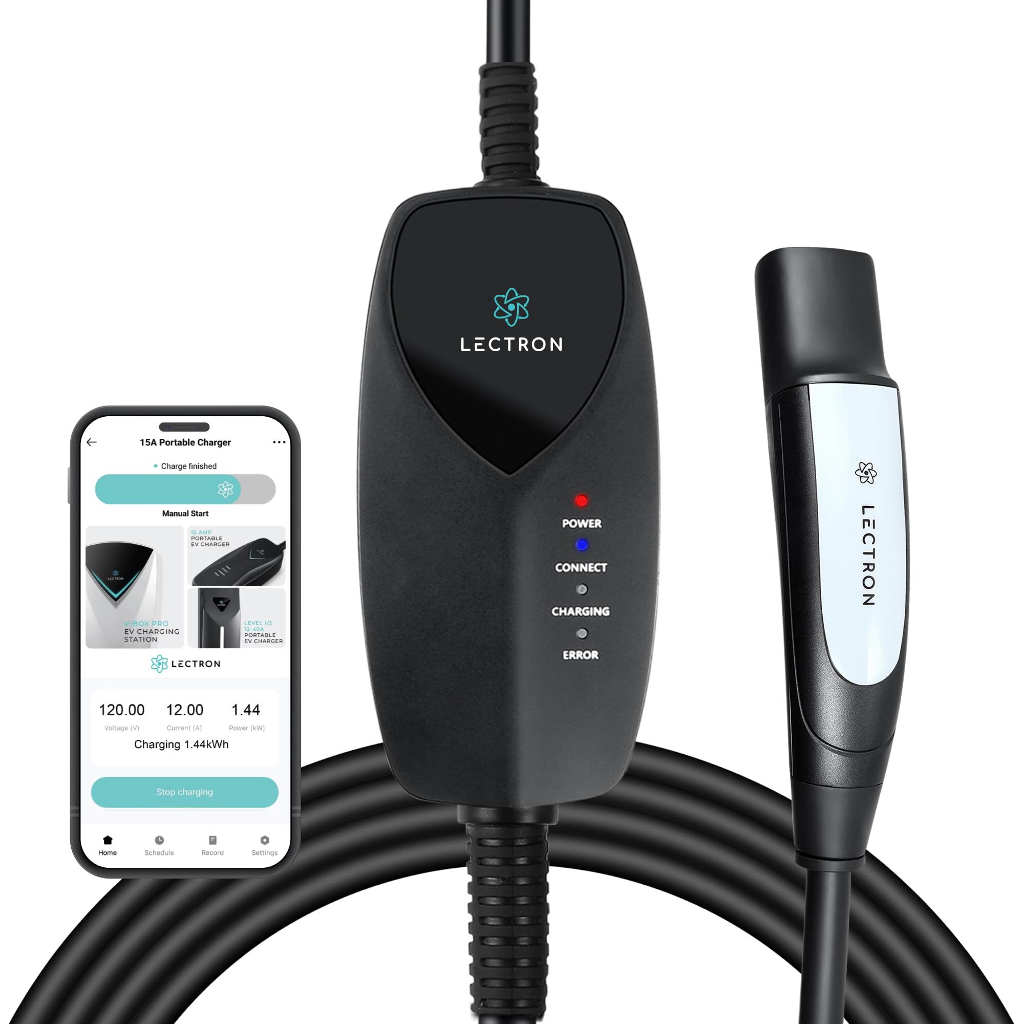 lectron level 1 tesla ev charger (wifi) with app control - 120v, 12 amp, & 16 ft cord - portable charger for tesla evs with nema 5-15 plug - compatible with all tesla model s, 3, x, y & cybertruck