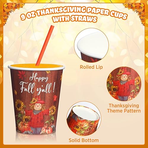 Miniatura 3 de Sliner 150 vasos de papel de Acción de Gracias de 9 onzas, desechables, taza de café de Hello Fall con pajita, pavo y hojas de arce, taza para beber