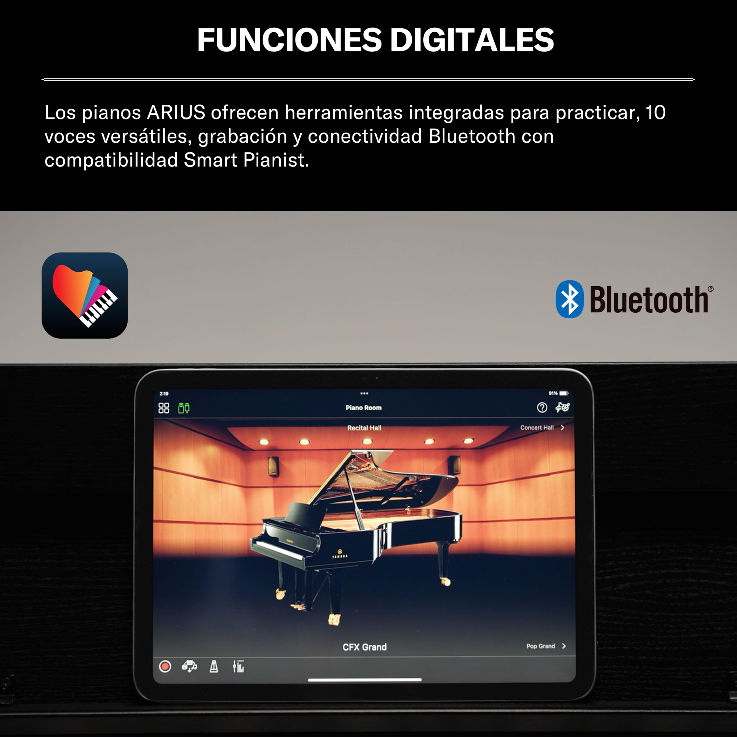 YAMAHA YDP-S36 Piano Digital – 88 Teclas Contrapesadas GHS, Sonido CFX Concert Grand, Diseño Slim, Bluetooth, 3 Pedales, Ideal para Casa y Principiantes – Blanco