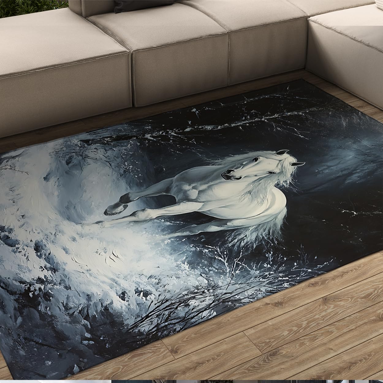 Tapis Winter Forest Cheval Blanc galopant tapis de sol poils bas doux salon 140 x 180 cm