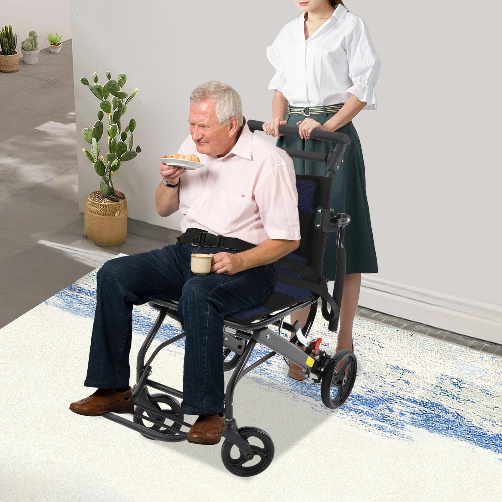 Składany wózek inwalidzki, nośność 100 kg, wózek inwalidzki z podnóżkiem, regulowane poręcze 270° i uniwersalne koła, składany wózek do użytku wewnątrz i na zewnątrz