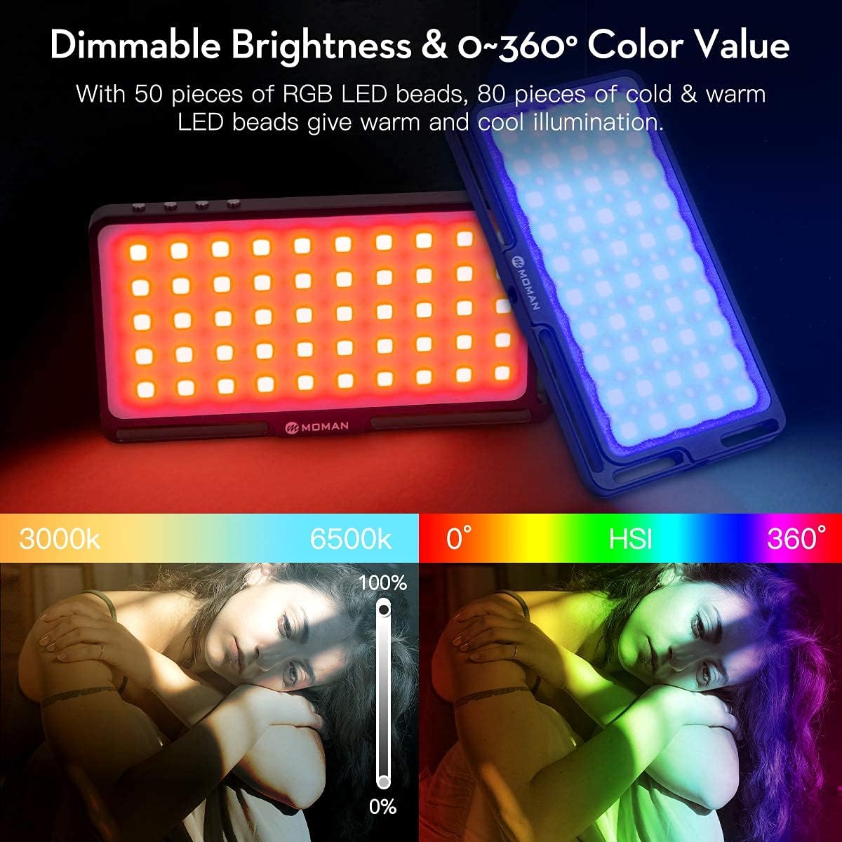 Moman MFL-06RC RGB LED Video Light demonstrating dimmable brightness from 0% to 100% and adjustable color temperature from 3000K to 6500K, alongside a color wheel for HSI mode.