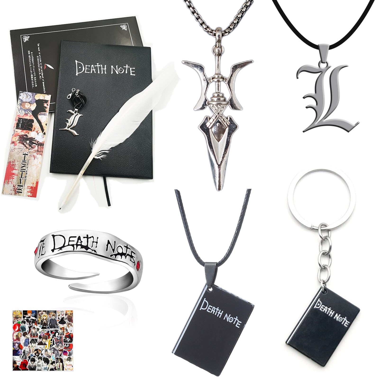 XHBTS 57 Set Anime Death Notebook and Feather Pen Death Ring L Necklace Keychain The Moon Goddess Pendant Necklace Stickers for Women Men Friends, Zinc
