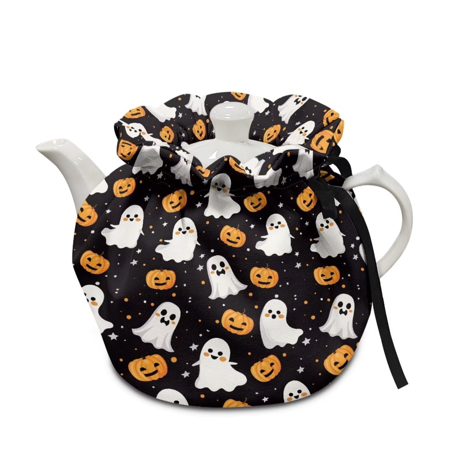 Ghost Pumpkin Teapot Dust Cover, Portable Premium Fabric Tea Cosy with Drawstring Breakfast Warmer Insulation and Keep Warm, Kitchen Thanksgiving Decor
