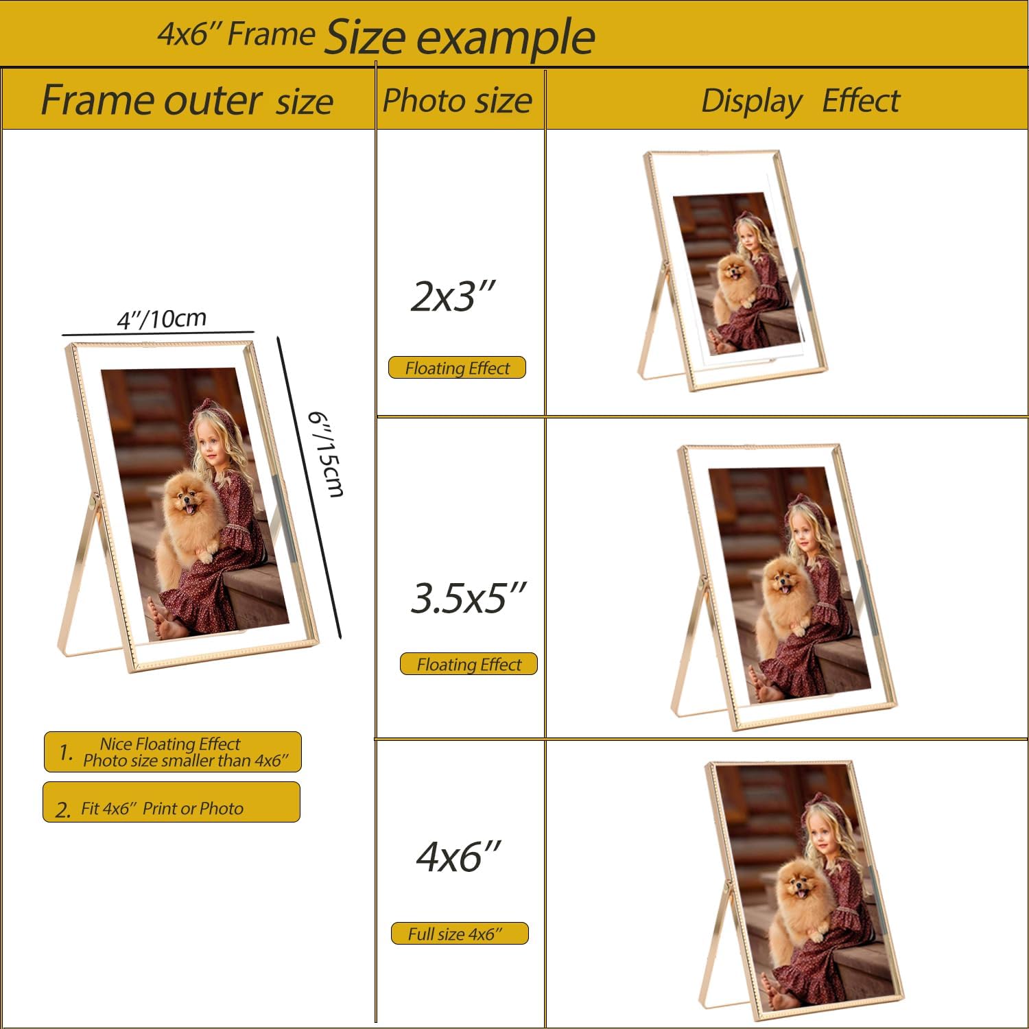 Gold 8x10‘’ Floating Picture Frame 2Pack,for Photo Sizes(5x7,6x8 & 7x9),Sleek Beaded Metal Frame,Adjustable Tabletop/Shelf Photo Frame,for Wedding andHome Decor