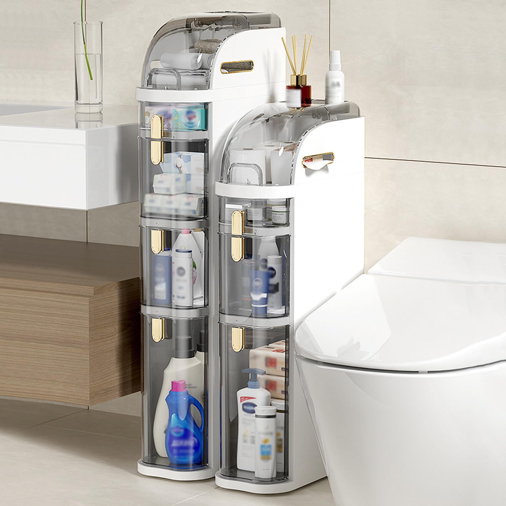 Aufbewahrungsschrank Badezimmer-Bodenaufbewahrungsschrank 7″ schmaler, schmaler Organizer, seitliche Eckeinheit mit Griff, Rollen, durchsichtige Schubladen für kleine Küchen, Waschküche, Wohnzimmer, T