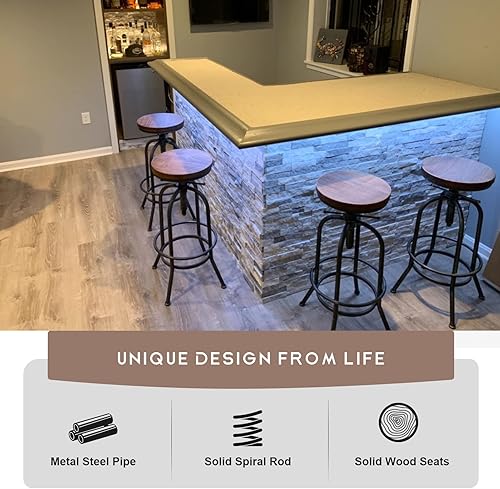 Miniatura 4 de Taburete de bar industrial vintage de 32 pulgadas, taburete de bar giratorio de madera de metal, taburete retro de altura ajustable, juego de 2