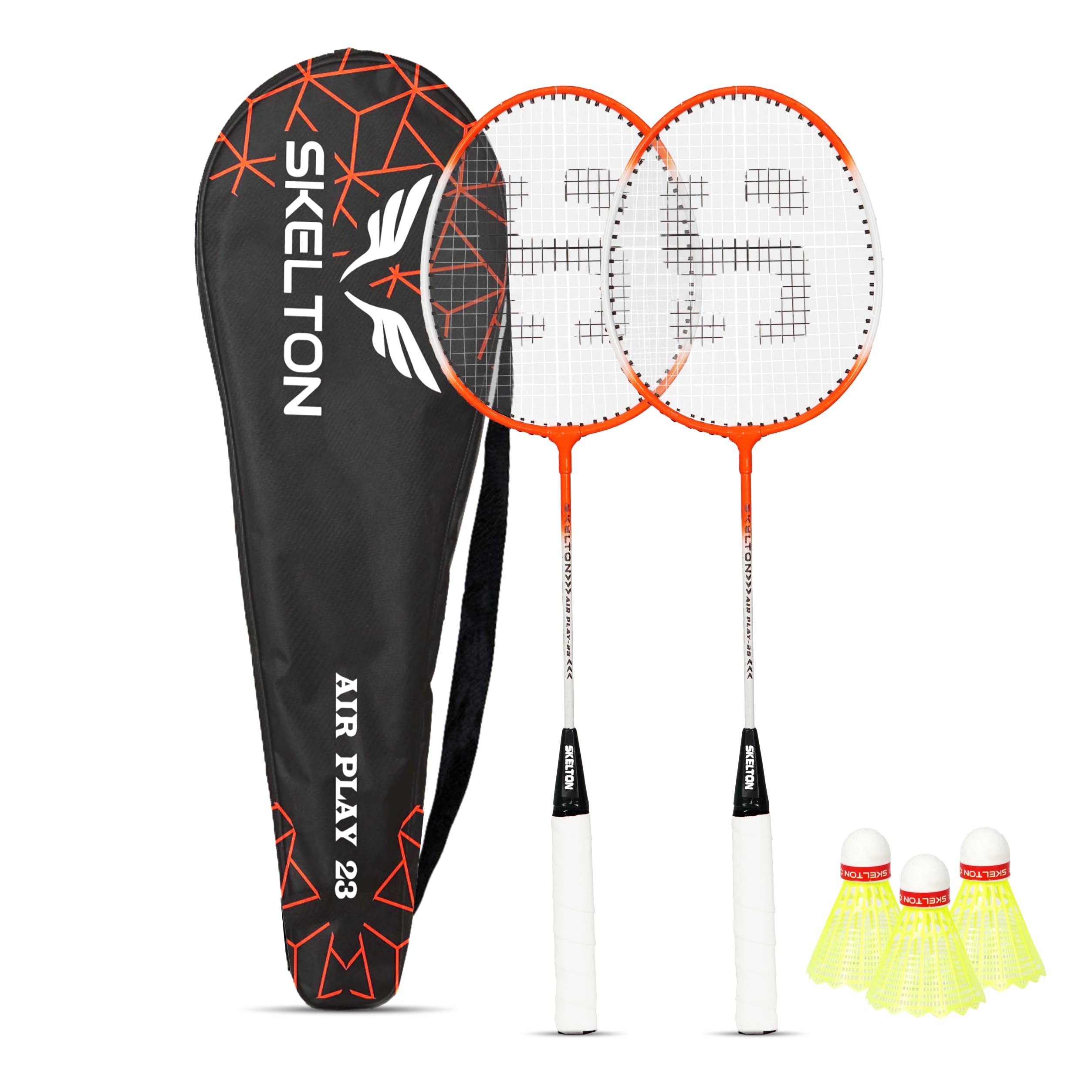 Skelton Aluminum Badminton Light Weight Racquet,Shuttle Cock Pack of 3 | (White - Orange)