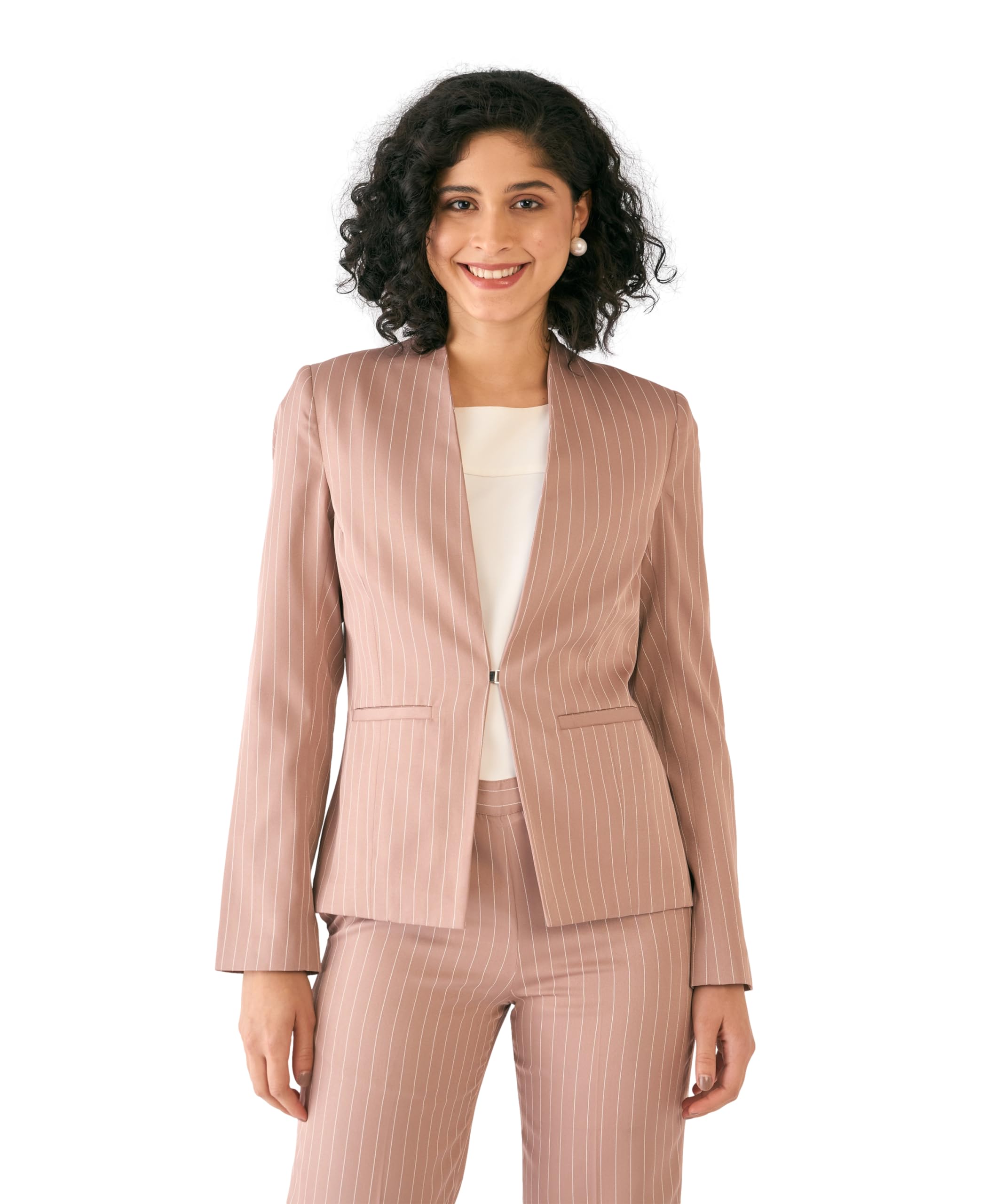 Salt AttireWomen’s Open Front Blazer Coat – Solid Moss-Lycra, Cream, Casual Office Winter Jacket
