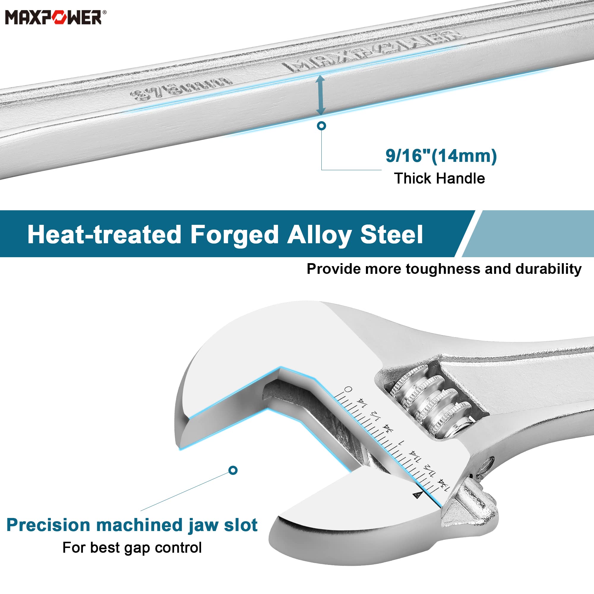MAXPOWER Adjustable Wrench 15 inch, Cr-V Steel Spanner, Metric & SAE Scales, Silver - Image 2