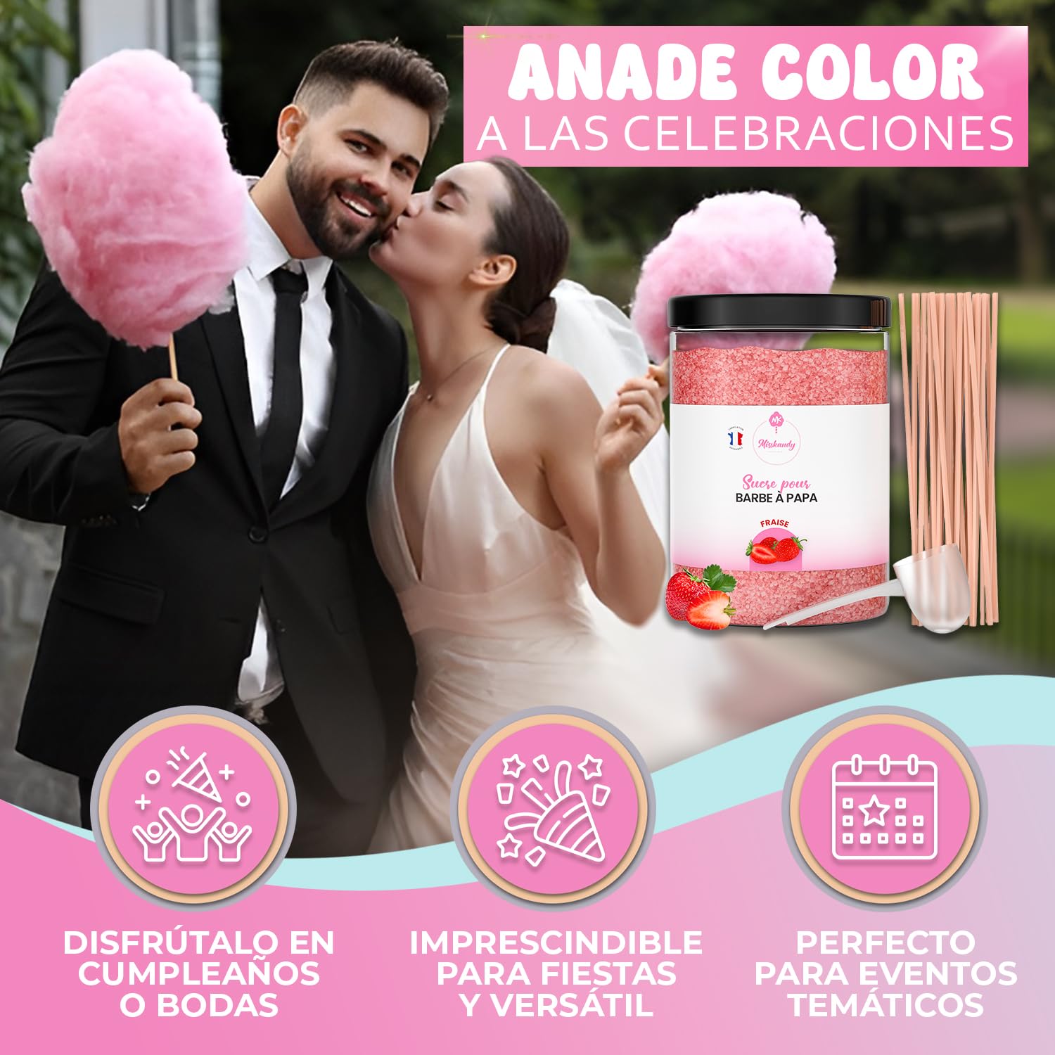 Misskandy-Azúcar para Algodón de Azúcar, Fresa 1,4 kg (Sabores y Colorantes Naturales) +50palitos