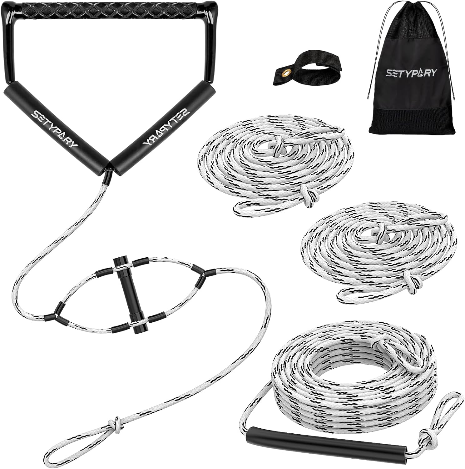 25FT Wakesurf Rope (White & Black) & 75FT Wakeboard Rope and Handle (White & Black) Combo - Floating Watersports Ropes for Wakesurfing, Wakeboarding
