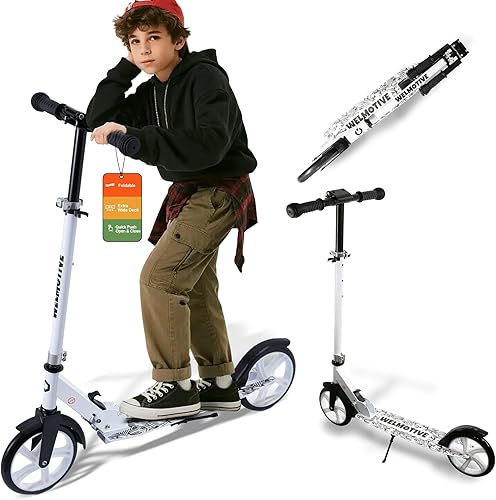 Kick Scooter for Kids Ages 6+, Teens & Adults, Adjustable Handlebars, Rear Brake, Big Wheel Foldable Scooter for Indoor & Outdoor