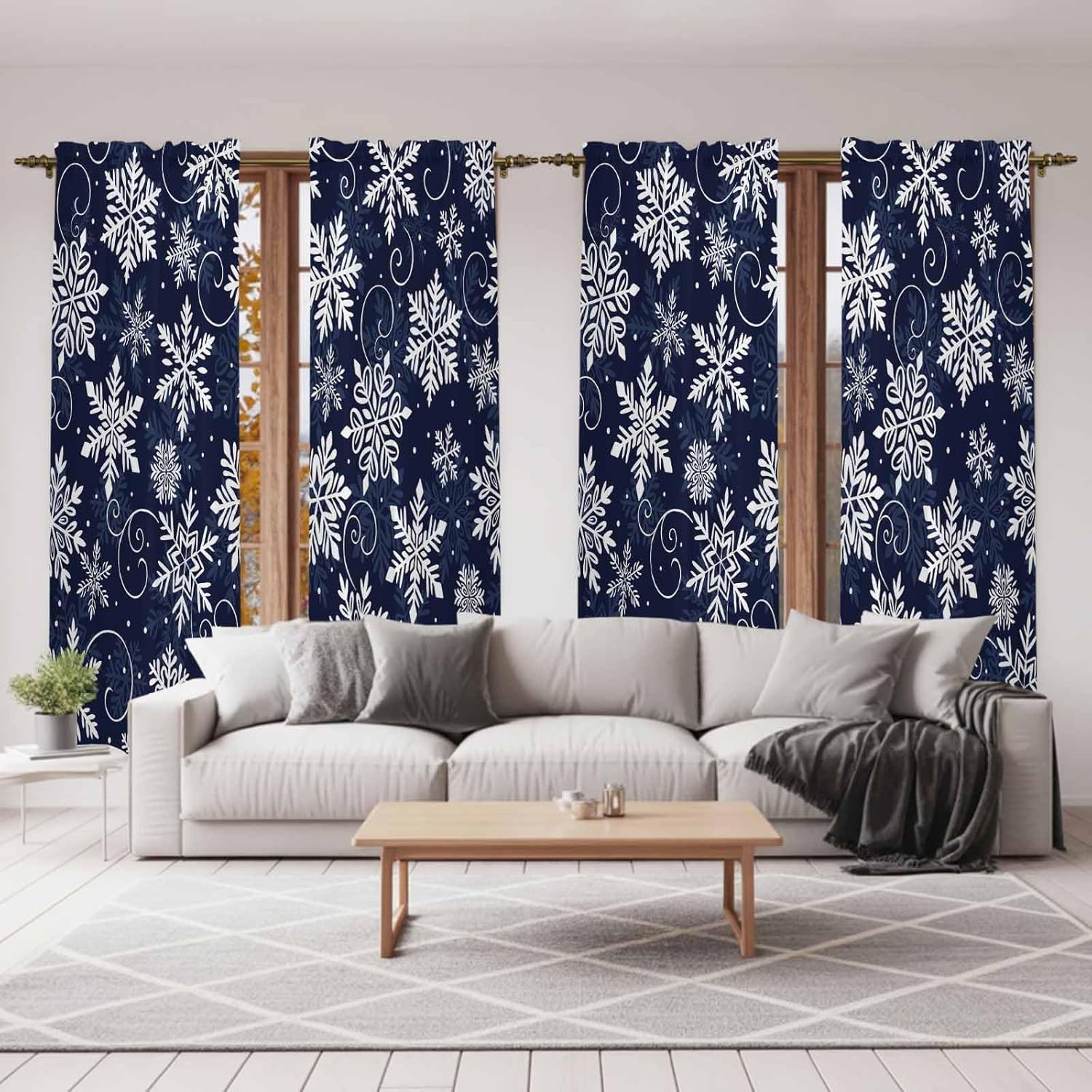 Navy Blue Snowflake Christmas Window Curtains 72 Inch Long 2 Panel Set, Rod Pocket Long Curtains & Drapes, Xmas White Snowflake Light Filtering Window Treatment for Bedroom Living Room 52"W x 72"L