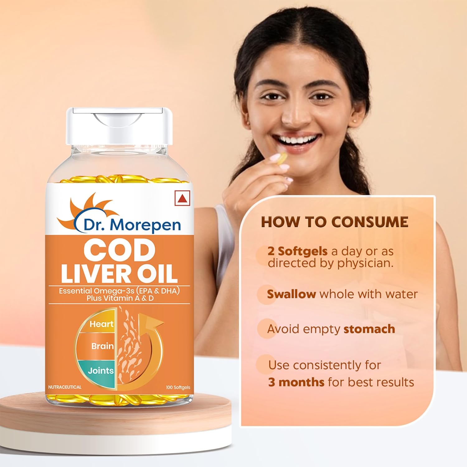 Dr. Peacock Cod Liver Oil Capsules | Great natural omega 3, EPA and DHA | Pack of 100 Softgels Dr. Peacock Cod Liver Oil Capsules | Great natural omega 3, EPA and DHA | Pack of 100 Softgels