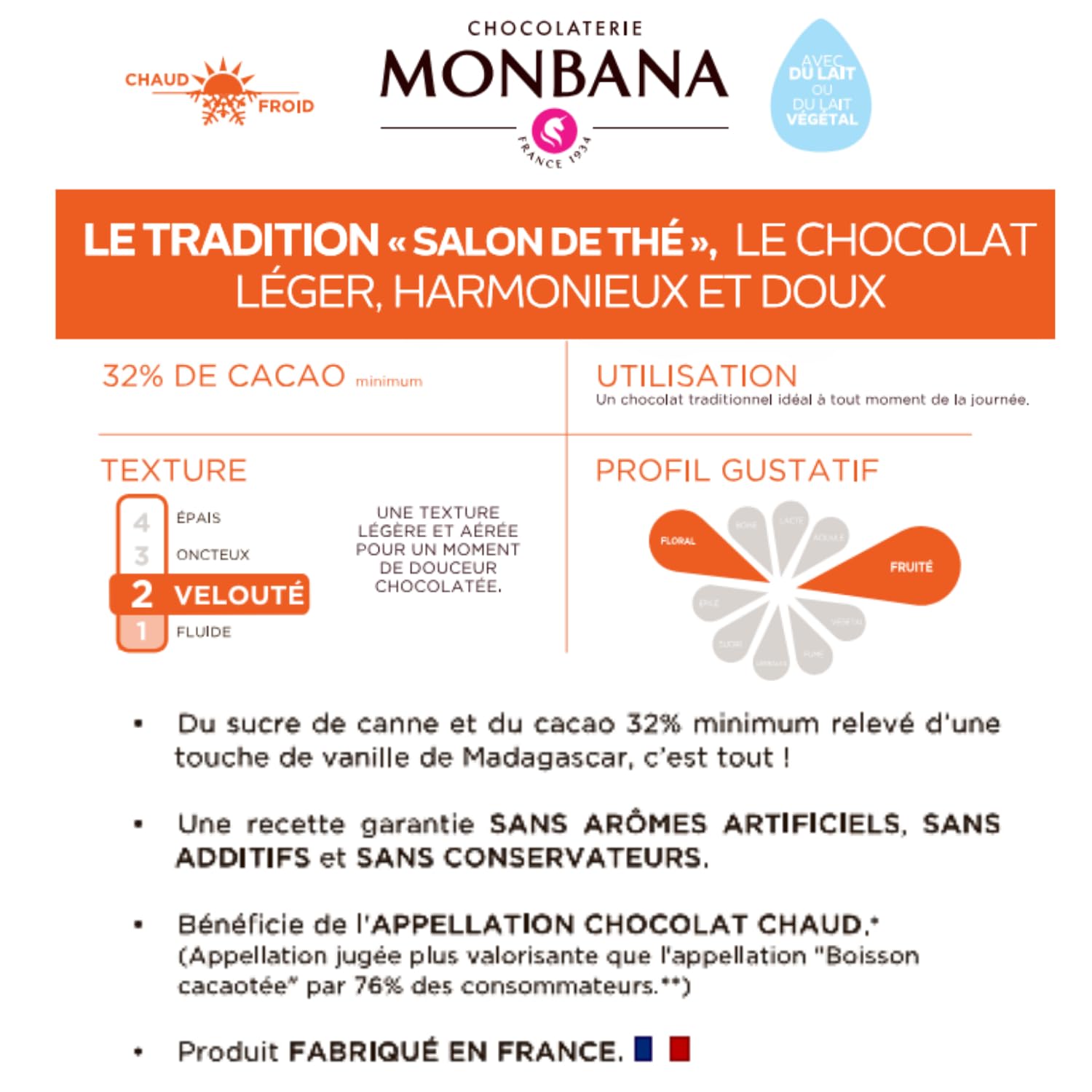 MONBANA | 50 sachets de chocolat TRADITION - SALON DE THÉ | Doses individuelles de 20 g de chocolat en poudre à déguster tout au long de la journée