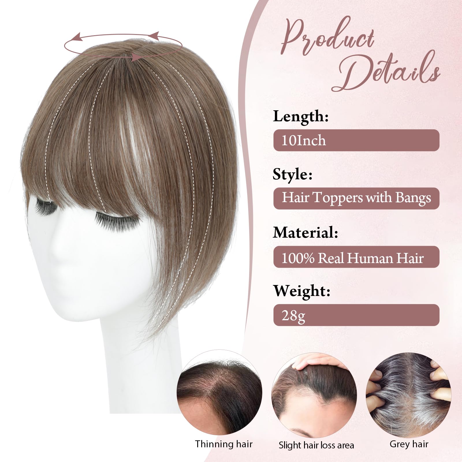 Hair Toppers for Thinning Hair Toppers for Women Real HumanHair Topper with Fringe HairPieces for Women with ThinningHair Swiss Base10Inch(Medium Auburn Brown) - Image 3
