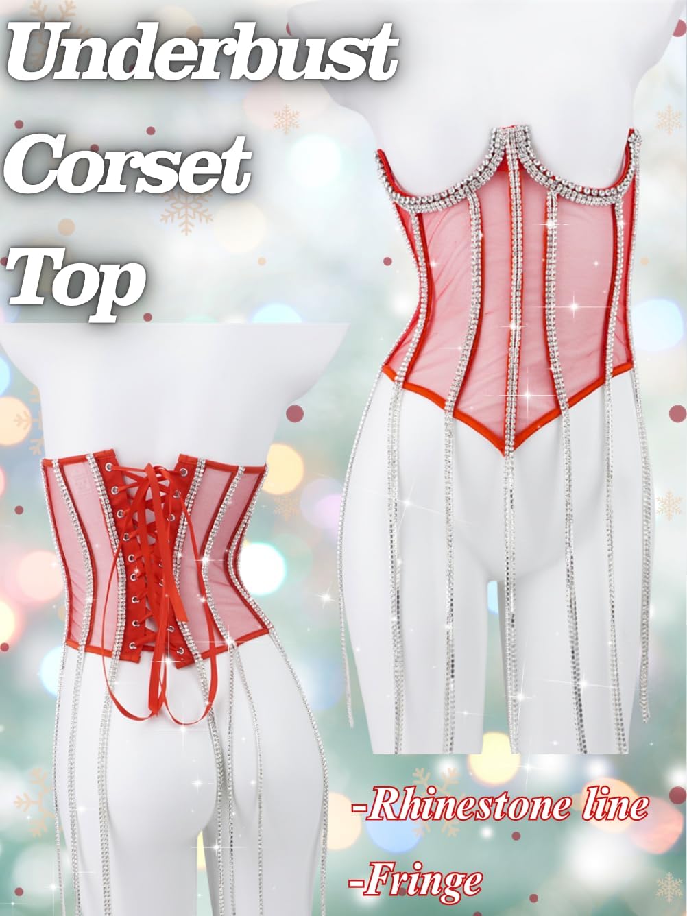 Kaei&Shi Rhinestone Fringe Underbust Corset Belt,Sexy Mesh Sheer Chain Top,Waist Corsets For Women Exotic Rave