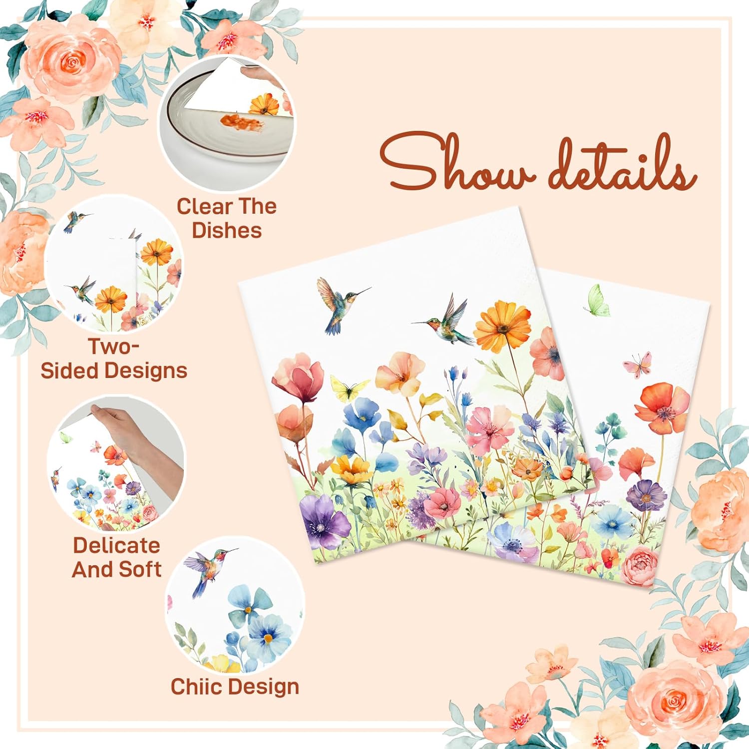 Spring Floral Napkins Disposable 50 Pieces - Wildflower Cocktail Napkins for Party, Summer Gatherings Decorations - Image 4