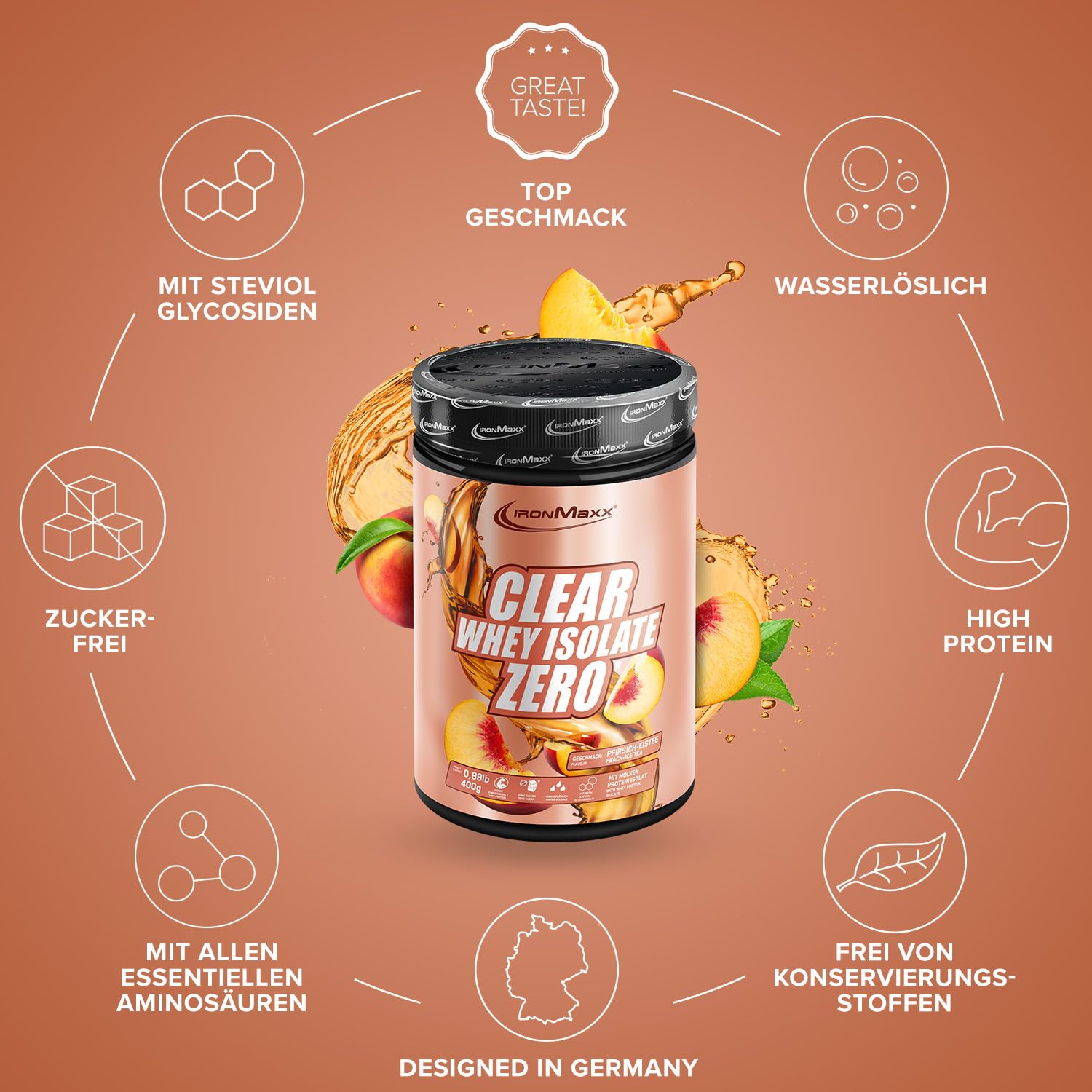 IronMaxx Clear Whey Isolate Zero - Peach Ice Tea 400g Dose | Klarer Molkenprotein-Isolat ohne Zucker | Laktosefreies Clear Protein | Protein Limonade mit fruchtig-erfrischendem Geschmack