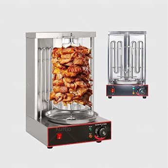 Kurflo Commercial Vertical Barbecue Machine Automatic Rotation Middle Eastern Style Kevab Grill Machine Temperature Adjustable 50-300  360  Rotation Food Grade Stainless Steel Shower Madonnel Kabb Machine Electric Roast Chicken Pork Restaurant Hotel Party Silver 36.5*26.5*53cm