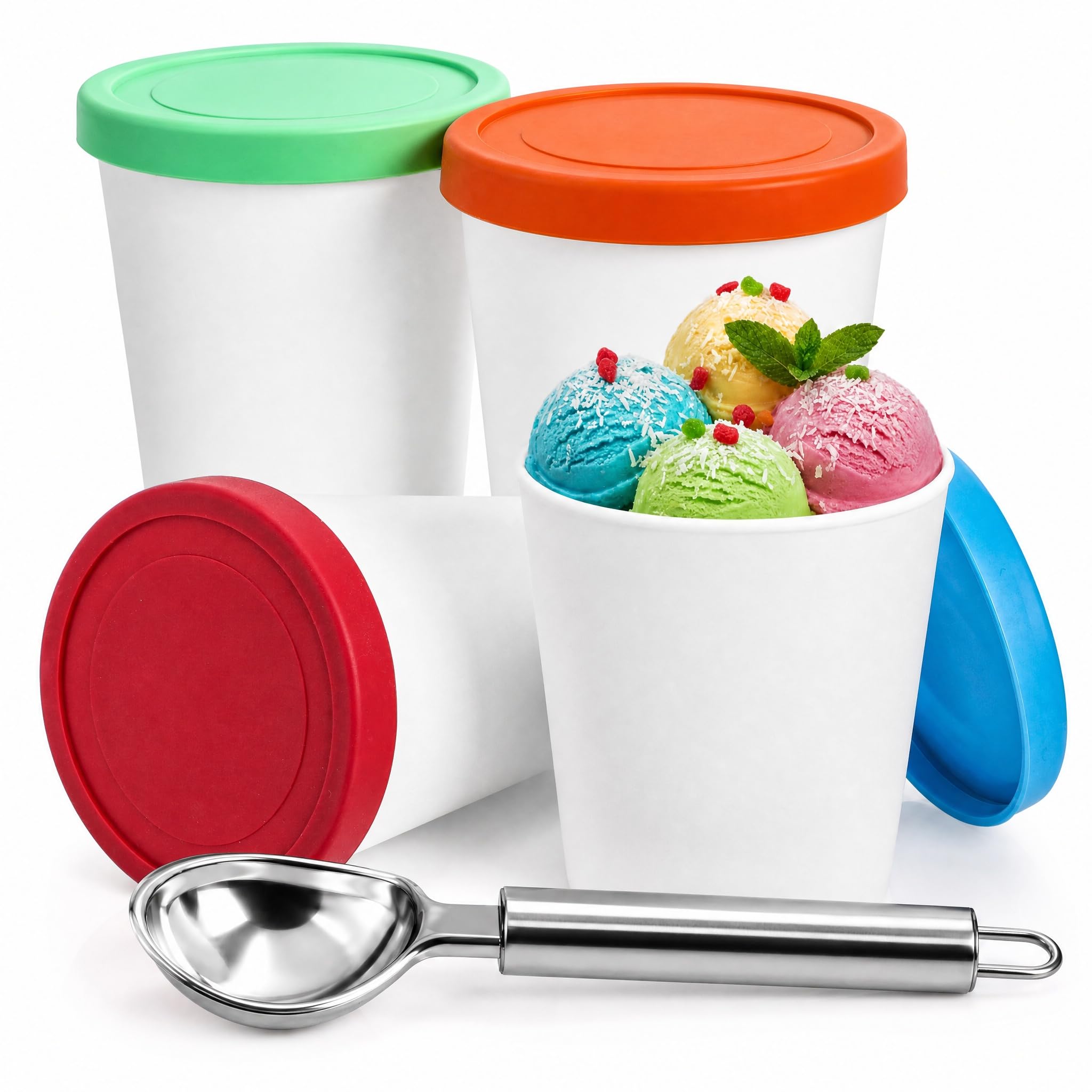 Peohud 4 Stück Eiscreme Behälter mit Silikondeckel, 1 Liter Eisbehälter für Speiseeis BPA-frei Gefrierbehälter mit Silikondeckel für Hausgemachtes Eis, Gefrierschrank und Spülmaschine