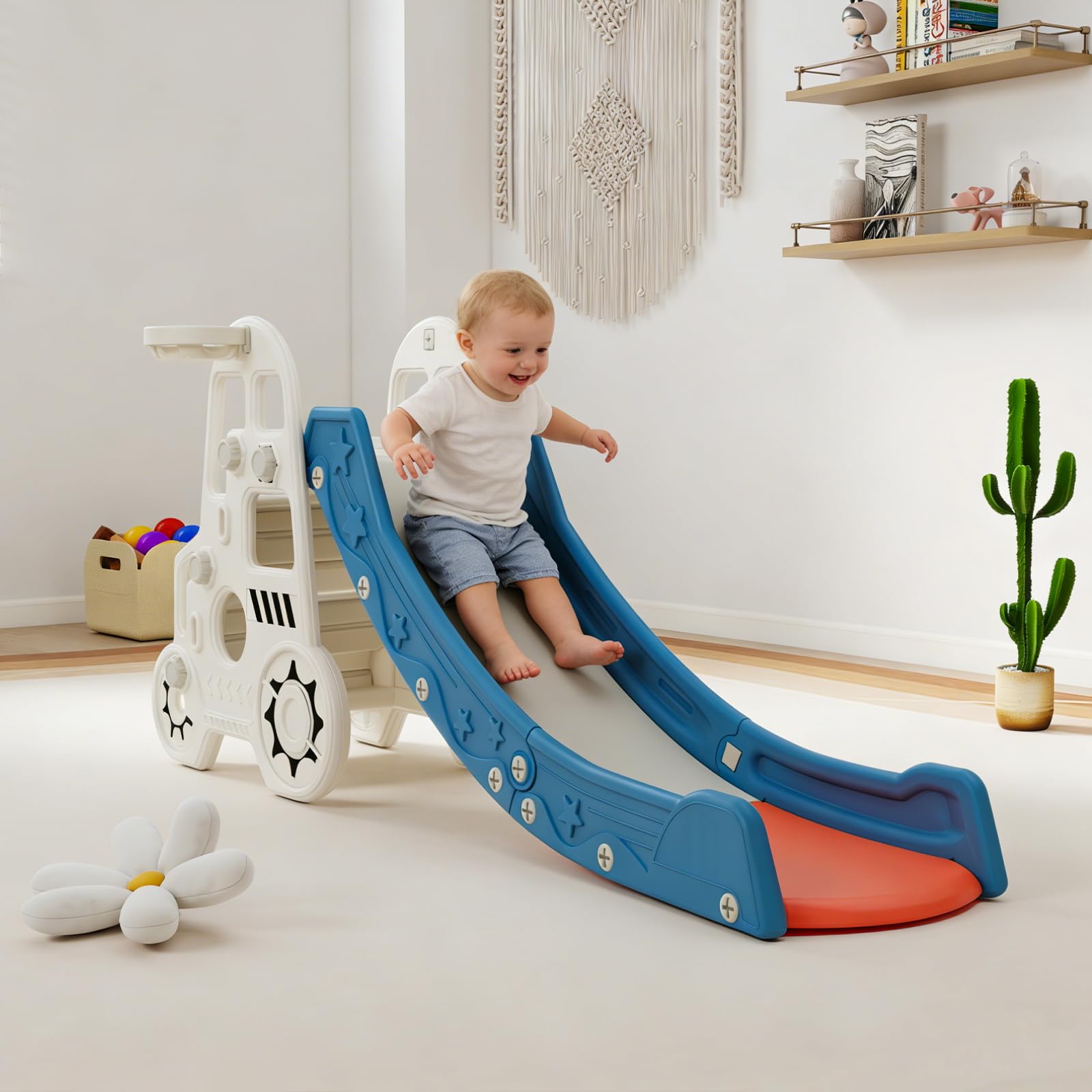 Kintness 3 in 1 Kleinkind Rutsche, Auto Design Kinder Rutsche Kletterer Spielset mit Basketballkorb Indoor & Outdoor Kleinkind Spielplatz mit Anti-Rutsch Stufen für Baby, Blau und Weiß