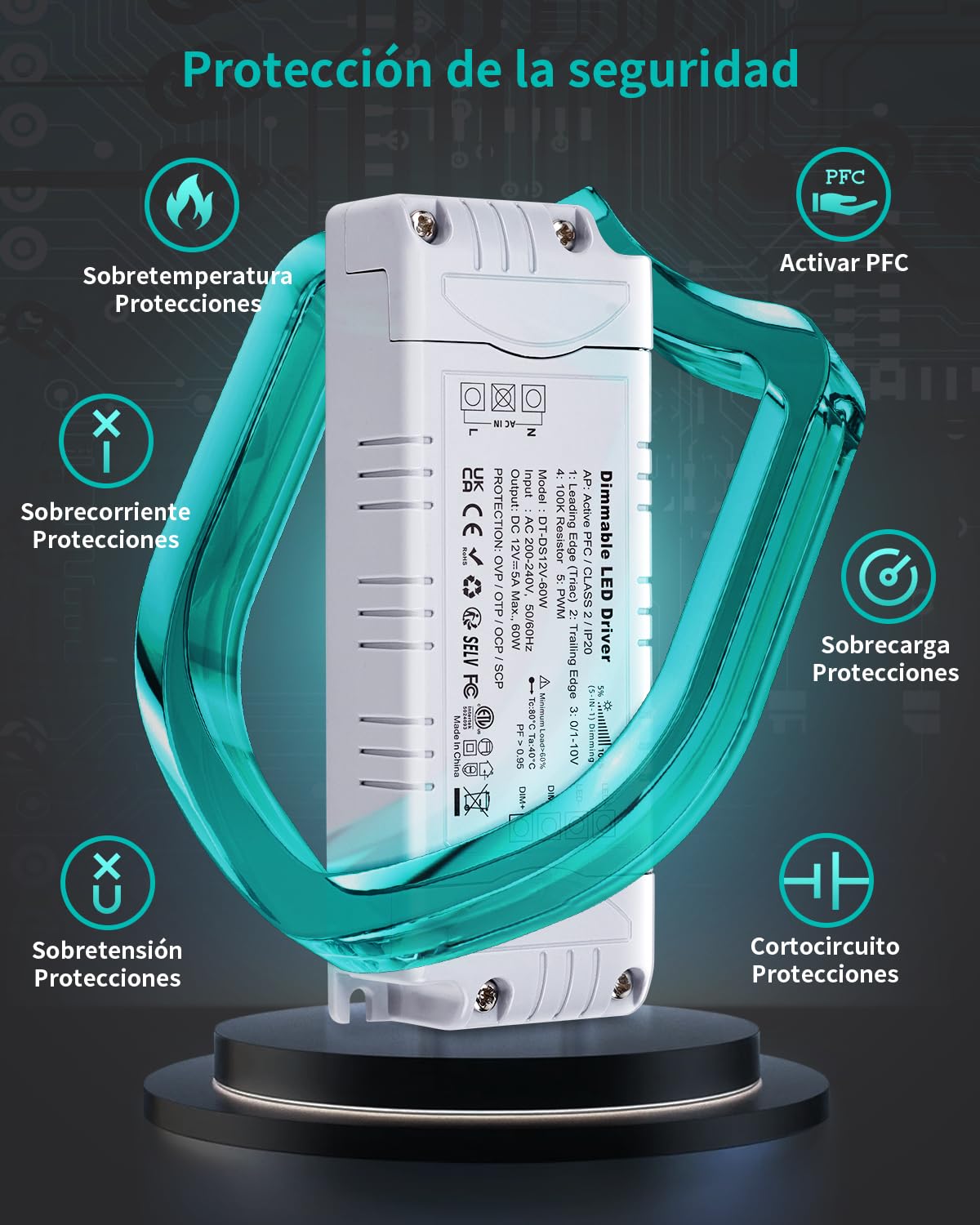 REYLAX Transformador de 220V a 12V 60W 5A Regulable Triac y 0/1-10V, Transformador LED Dimmable de Voltaje Constante, Fuente de Alimentación de Bajo Voltaje, Controlador para Tira LED
