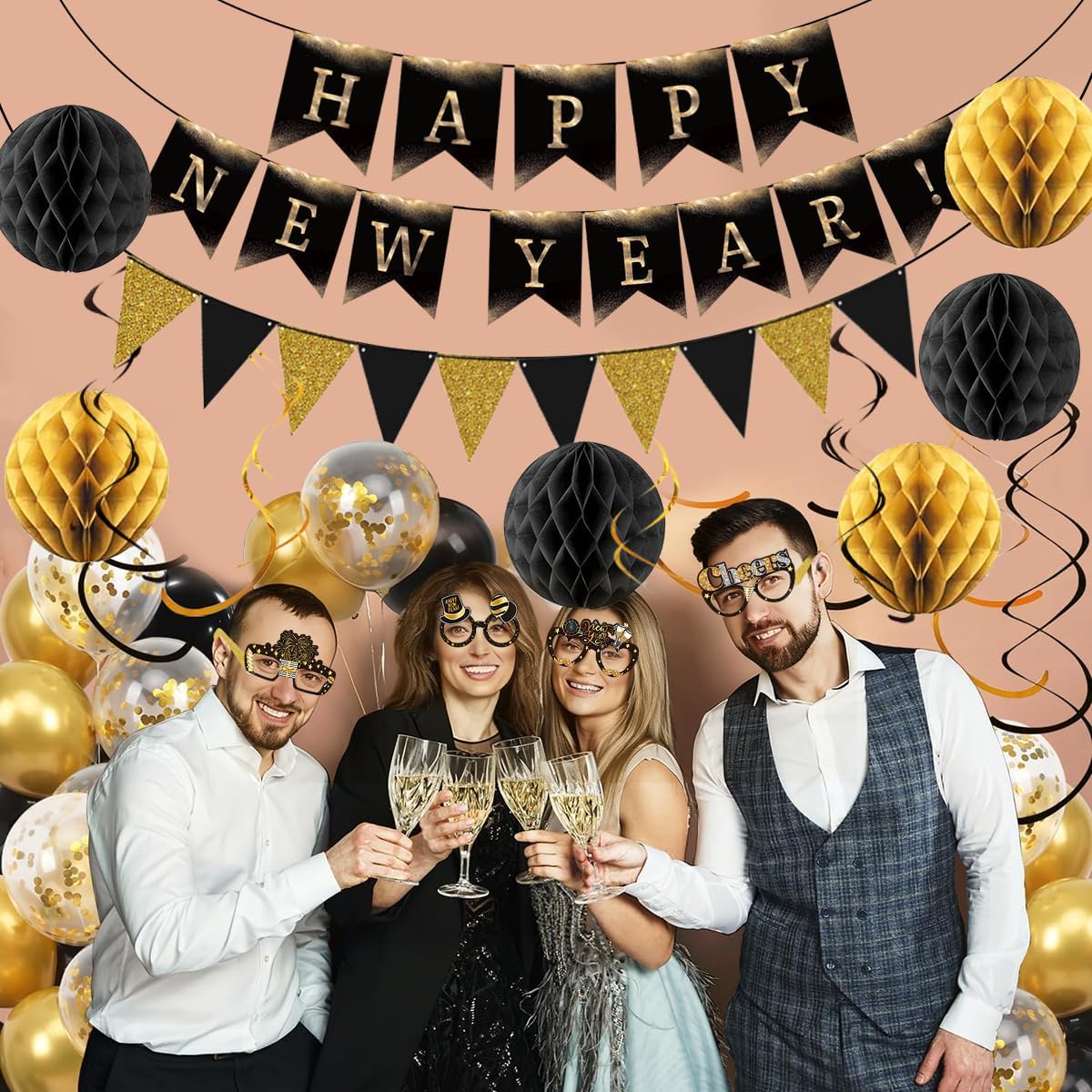 Happy New Year Eve Party Supplies 2026– Complete New Years Decorations Set with Happy New Year Banner, Black & Gold Triangle Flag, Headbands, Hanging Swirls, Honeycomb Balls & Balloons - Image 6