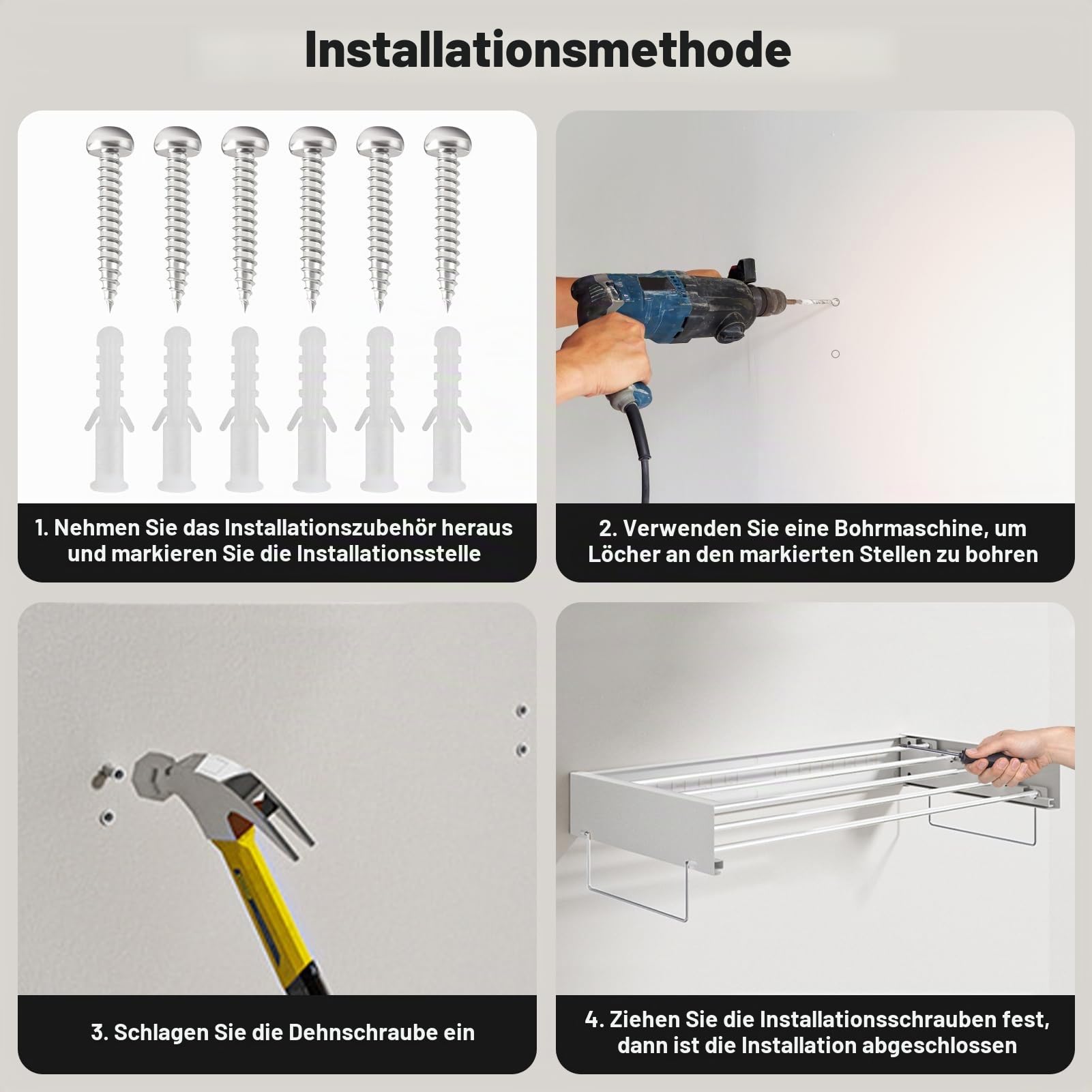 Wäscheständer Wandmontage Ausziehbar, Wäschetrockner Wand Ausziehbar, 80cm, 50kg Tragkraft, Wäscheständer Wand, Bohrer für die Organisation im Innen- und Außenbereich