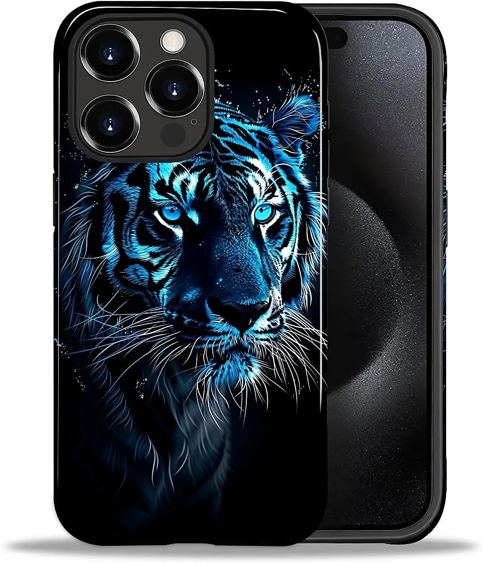 Compatible with iPhone 15 Pro Max Case, Blue Tiger Case for iPhone 15 Pro Max 2-in-1 Soft TPU Case, Shockproof Anti-Scratch Protective Case Cover for Women Men