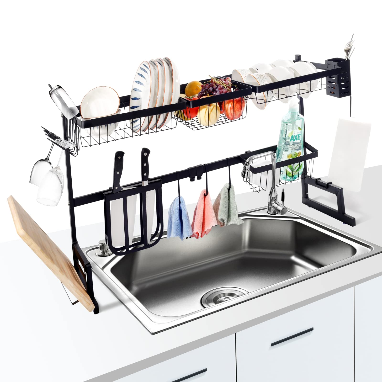 Abtropfgestell für die Spüle, verstellbar (84,8 cm - 104,8 cm), 2-stöckig, Edelstahl, großes Abtropfgestell für Küchentheke, Organisation, Aufbewahrung, platzsparend, mit Utensilienhaltern