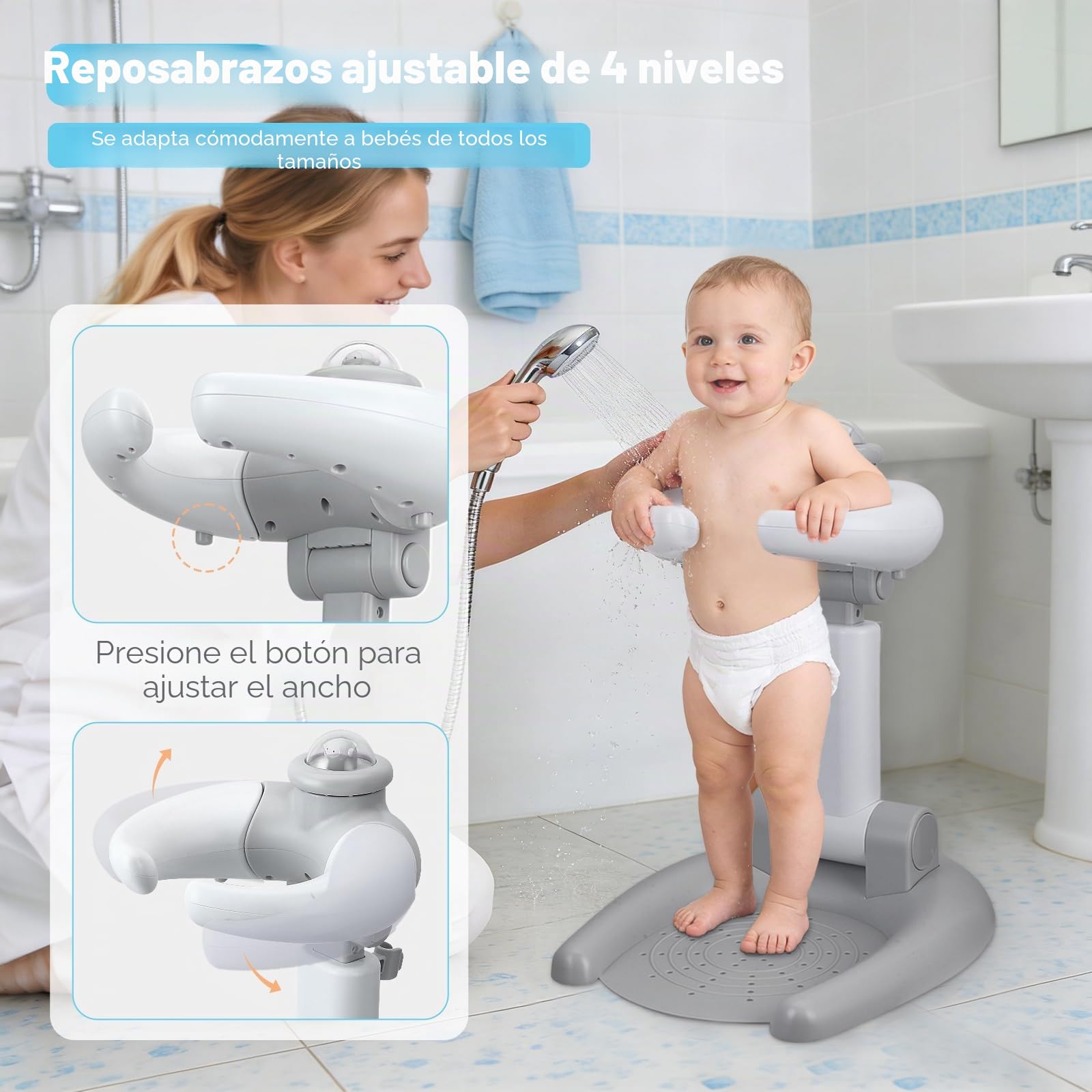Soporte de ducha ajustable para niños, soporte para ducha de bebé, plegable 2 en 1, con taburete