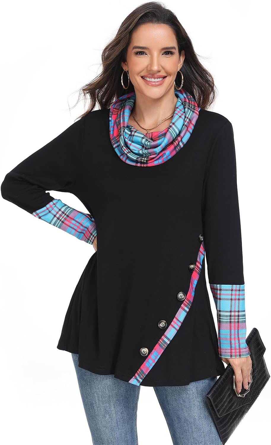 Miusey Long Sleeve Tunic Tops for Leggings Cowl Neck Sweatshirt with Asymmetric Hem Lightweight Pullover Sweaters - Image 3