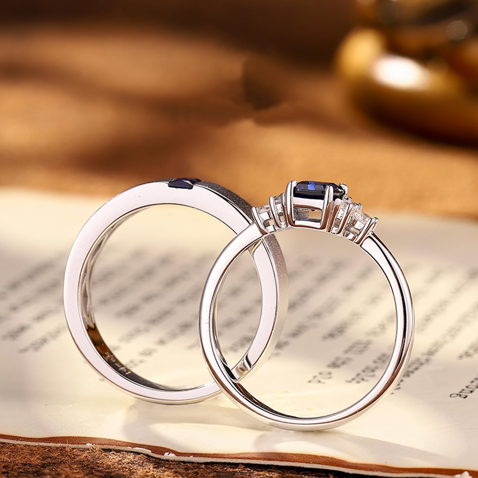 Anillo de compromiso para parejas, oro blanco de 9 quilates, 14 quilates, 18 quilates, zafiro de laboratorio cuadrado y rectangular con moissanita, anillo de compromiso de oro blanco de 14