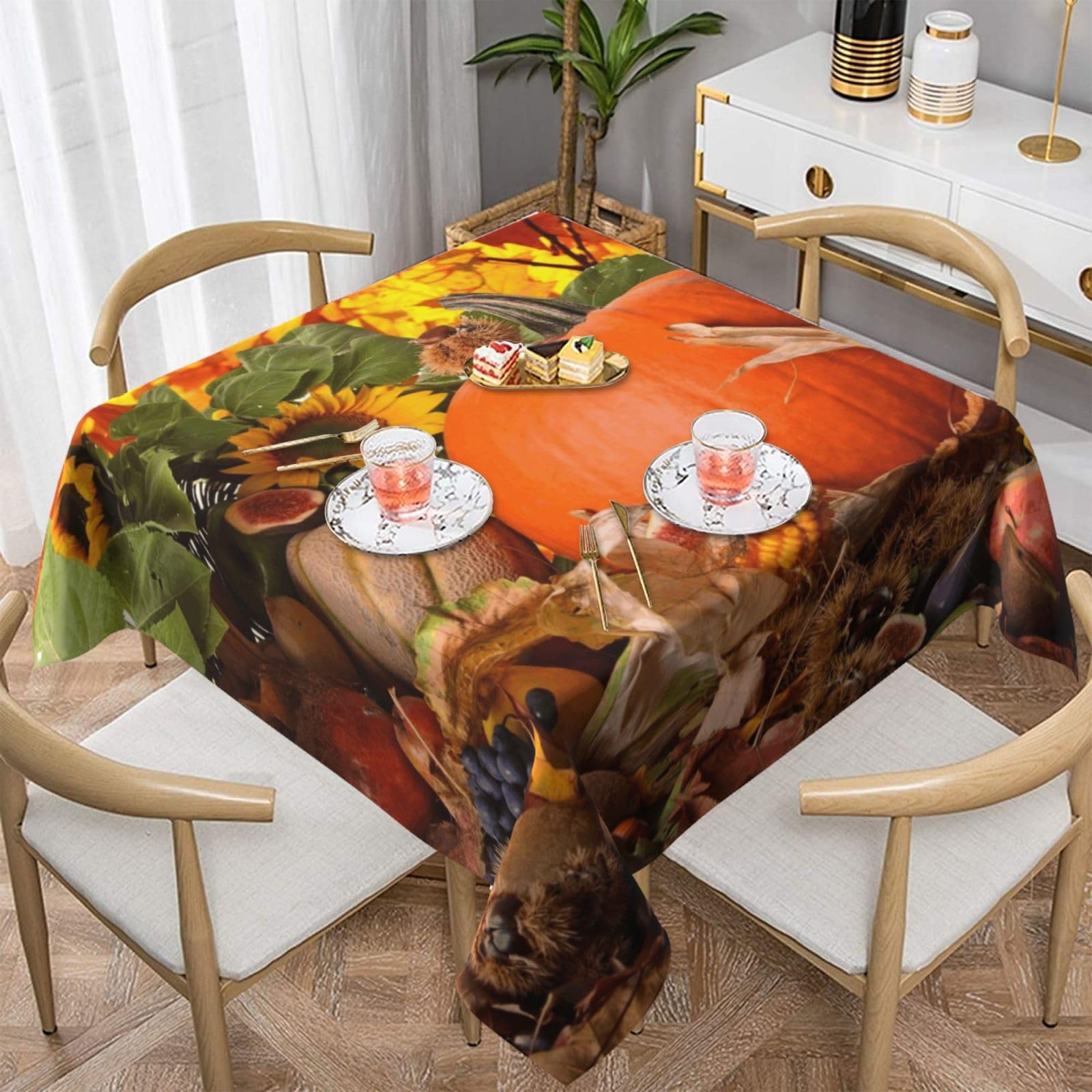 DCEHGEW Leaves Happy Thanksgiving Day Pumpkin Prints Square Tablecloth 137x137 CM, Waterproof Fabric Table Cloth for Dining Table, Farmhouse Table Cover for Kitchen Dining Tabletop Decoration