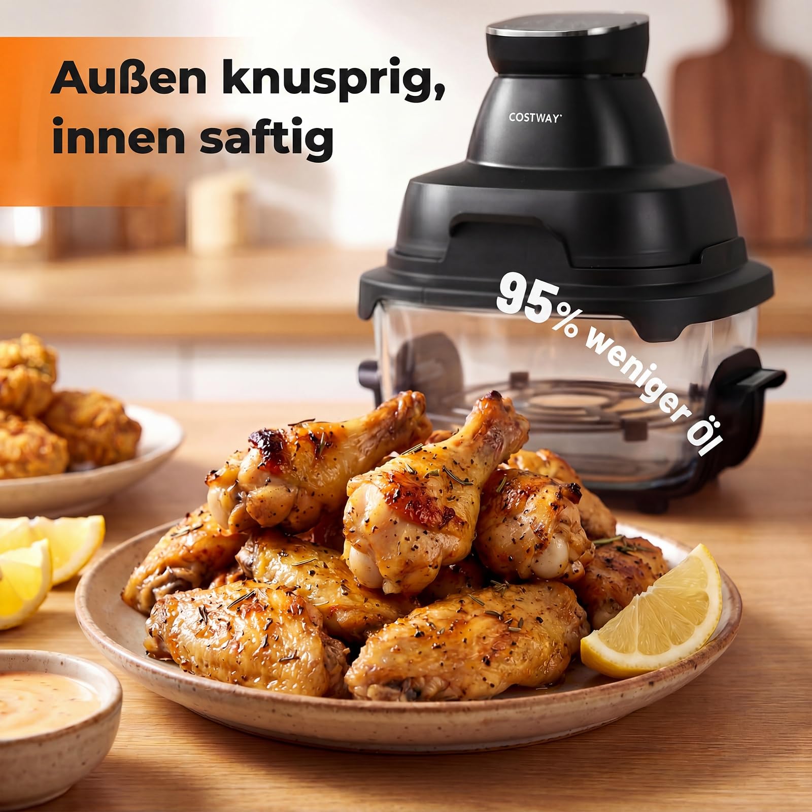 COSTWAY Przenośna frytkownica Air Fryer 4 l / 1,7 l, Airfryer 6 w 1, 1500 W, smażenie na gorącym powietrzu i pieczenie, frytkownica na gorące powietrze z 2 wyjmowanymi szklanymi pojemnikami i