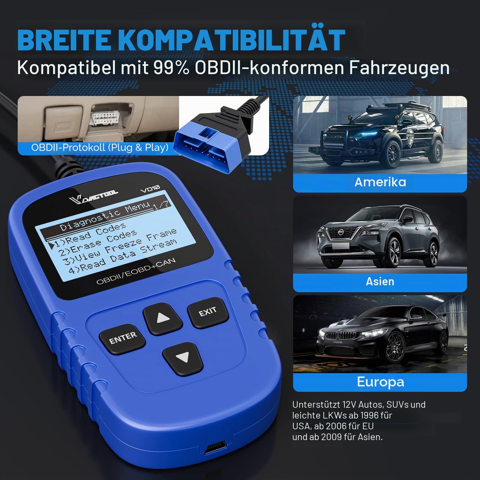 VDIAGTOOL VD10 OBD2 Diagnosegerät für EOBD Fahrzeuge, Diagnosegerät Auto Mit Live-Daten/I/M Bereitschaft, Universal OBD-Scanner Adapter, Auslesegerät Auto Diagnose für Alle OBD II Protokoll-kfzs
