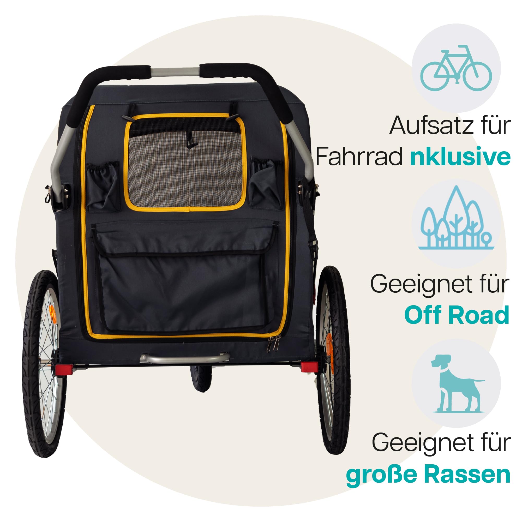 Großer Hundebuggy und Fahrradanhänger Trailer - Innopet Hercules Gelb/Grau - 2in1 mit Umbauset und Regenhaube - Leinen innen - Hundewagen bis 50kg belastbar - 45cm große hintere Luftreifen