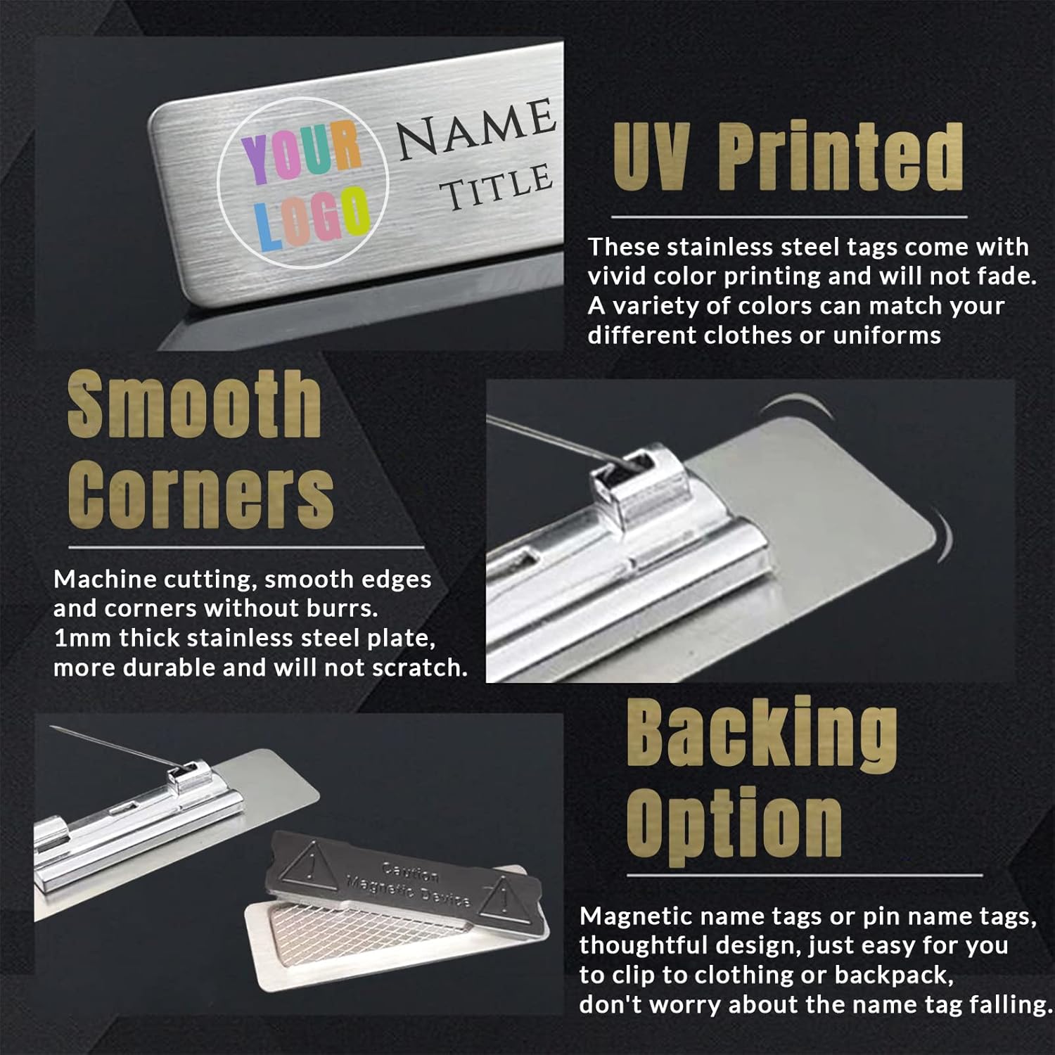 Custom Name Tag with Logo/Name, Personalized Name ID Badge with Magnet Pin Backing - Multiple Color for Uniforms, Employees, Staff, Doctors, Nurse - UV Printed Name Tag - 4PCS