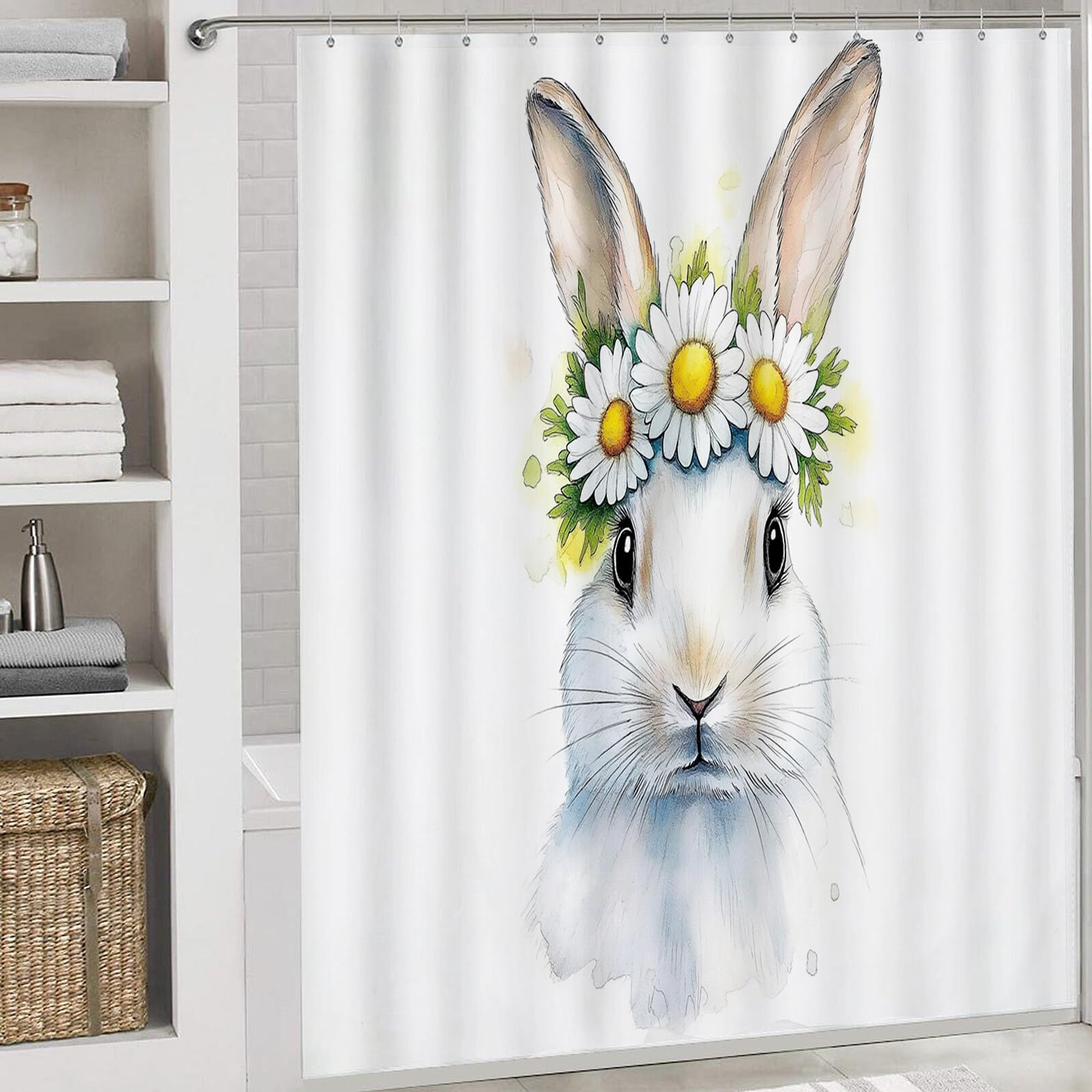 Rideau De Douche Daisy Bunny Animaux À L'Aquarelle Tissu Imperméable Lavable avec Crochets Anti Moisissure en Polyester Rideau Douche pour Salle De Bain