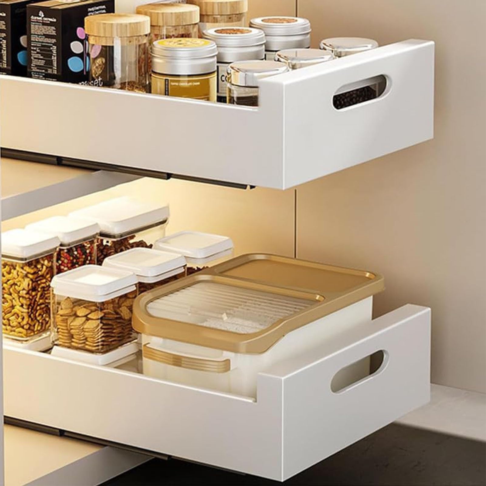 2PCS - Pull Out Cabinet Organiser, Drill-free Slide Out Drawer Storage Shelves, Heavy Duty Sliding Drawer Organizer for Kitchen Cupboard for Kitchen Cupboard Bathroom(White,40cm)