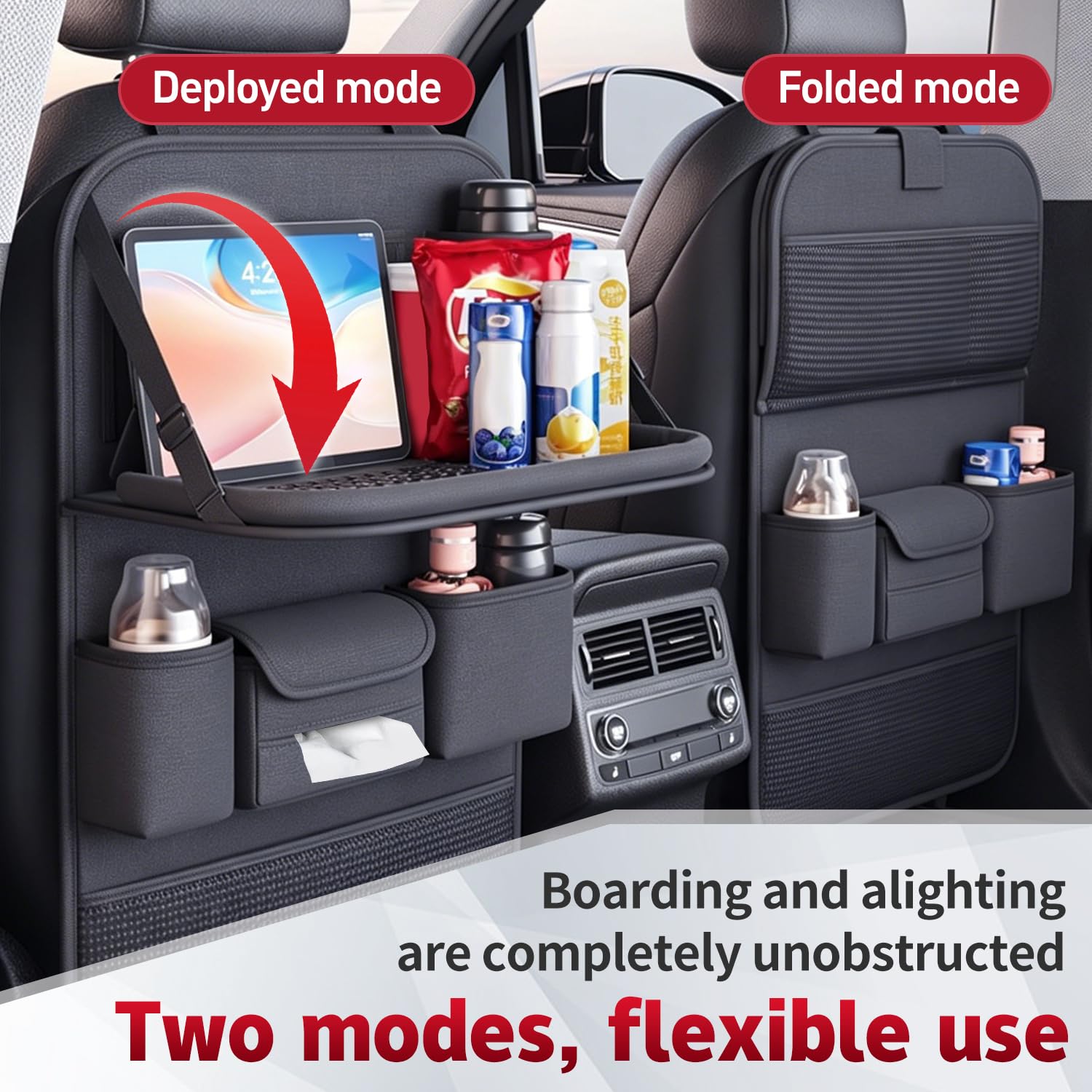 Organizzatore Sedile Auto con Tavolino Pieghevole e Porta Fazzoletti, Premium Protezione Sedile Auto Bambini, Impermeabile Organizer Auto Bambini per Tablet, Nero (2)