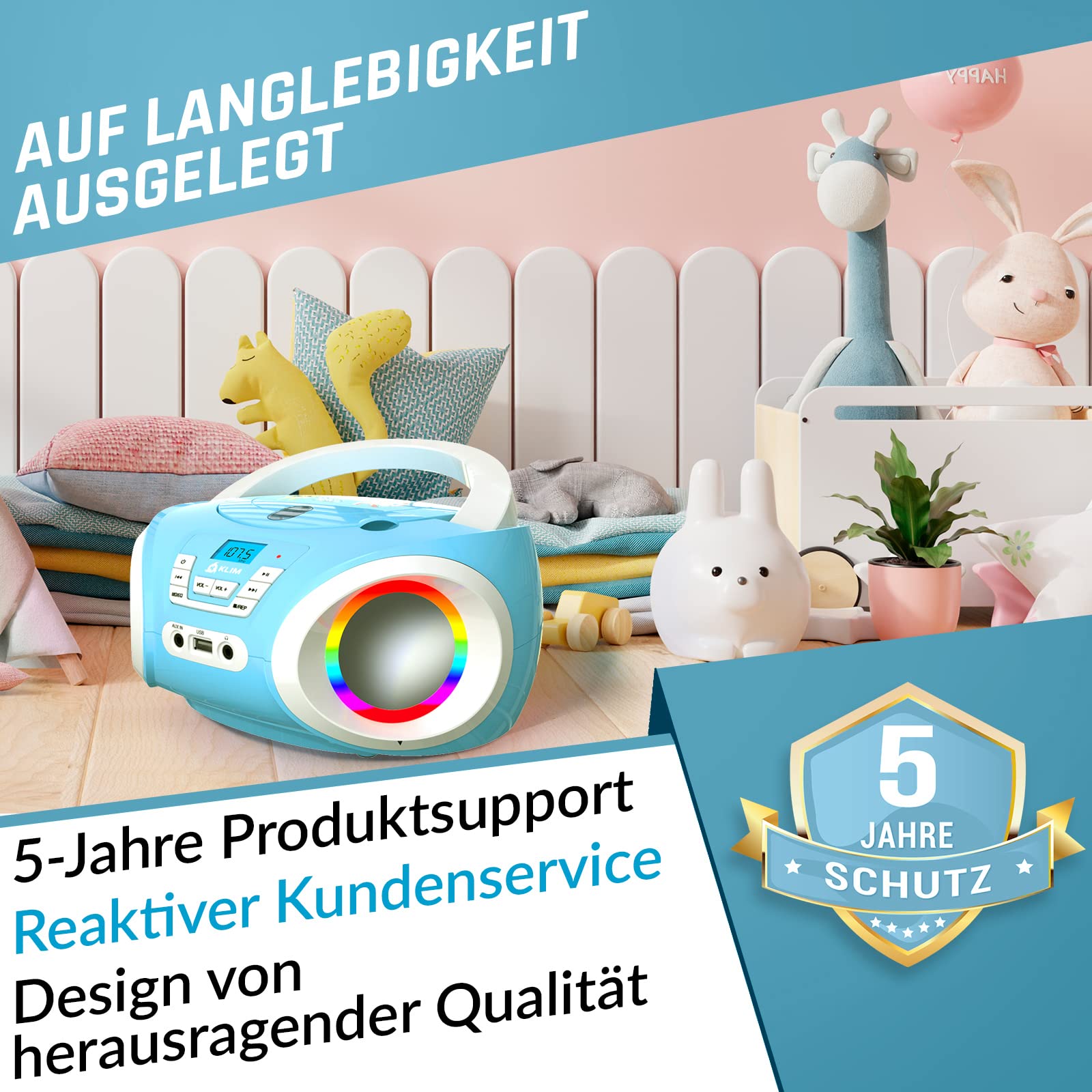 KLIM Candy Kinder Boombox CD-Player NEU - UKW-Radio - Inklusive Batterien - Blau - CD Spieler mit Lautsprechern - Perfekt für Kinder und Kleinkinder