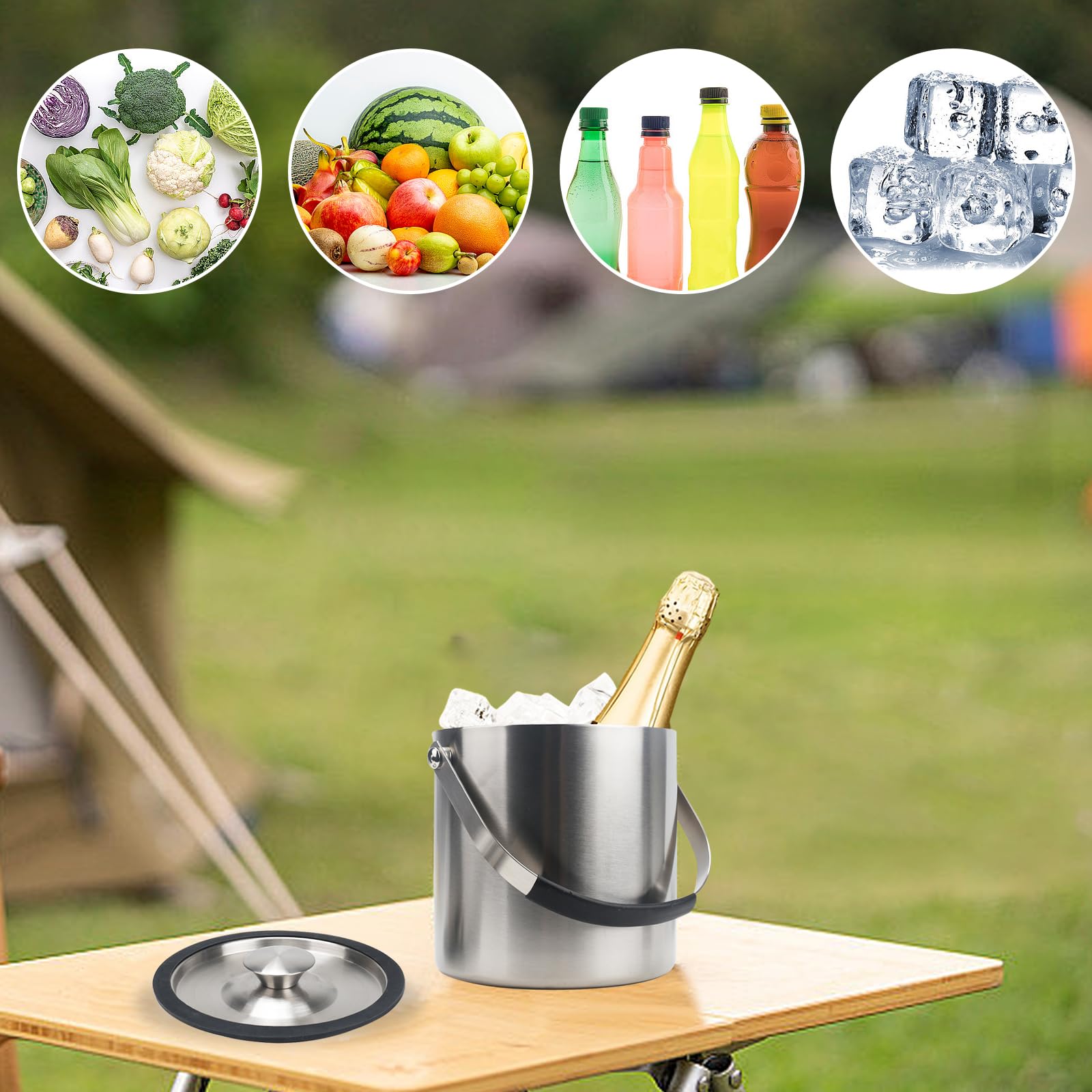 Zythrem Seau à Glace en Acier Inoxydable, 2L Seau à Glacon Isotherme, Seau à Glace Isolé à Double Paroi, avec Couvercle, Pince, Passoire et Poignée, Seau à Champagne pour Bar Fêtes Barbecues