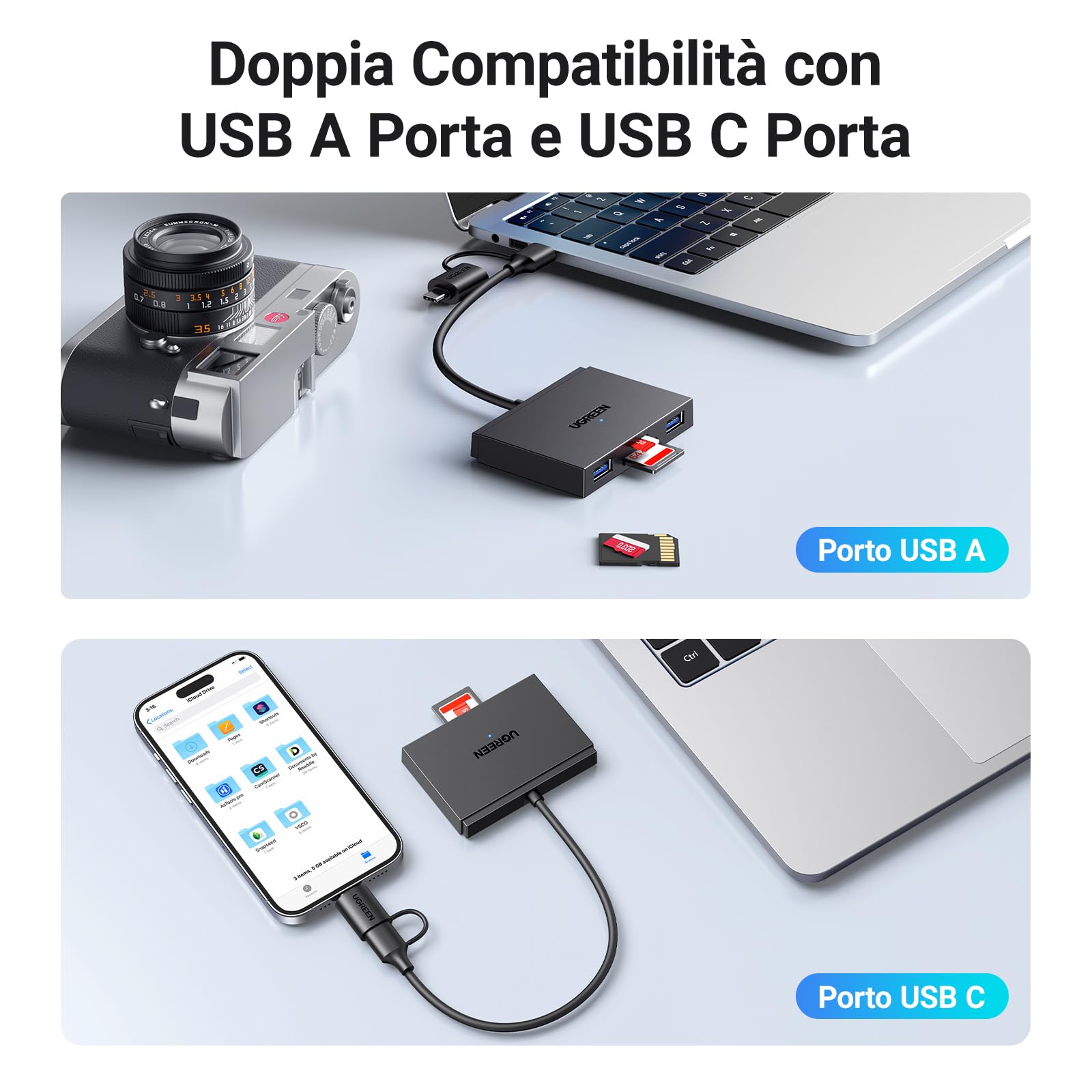 UGREEN Lettore di Schede SD USB C e USB 3.0 Adattatore per Scheda SD Micro SD 4 in 1 SD Card Reader USB Compatibile con iPhone 16 15 Plus Pro Max MacBook Pro Air 2023 iPad Pro Galaxy Tab S9 S24 Ultra