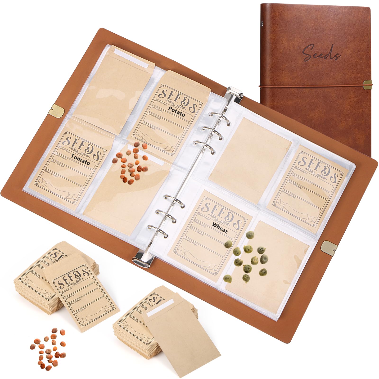 Garden Seed Storage Organizer Binder - 150 Resealable Seed Envelopes Brown Shell with 40 Sheet Protectors for Efficient Seed Packet Organization -