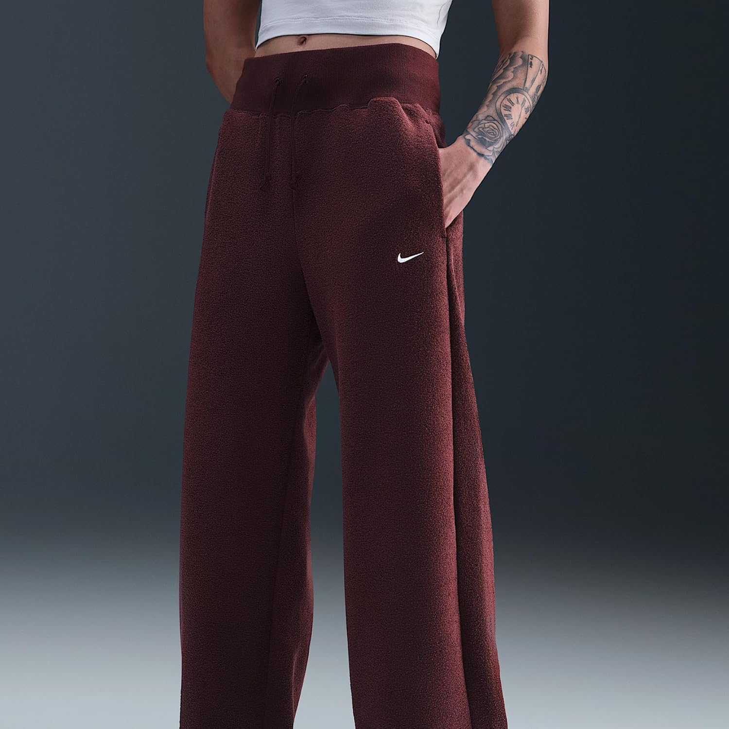 Nike Sportswear Phoenix Plush Women's High-Waisted Wide-Leg Cozy Fleece Pants (Burgundy Crush/Sail) - Image 2