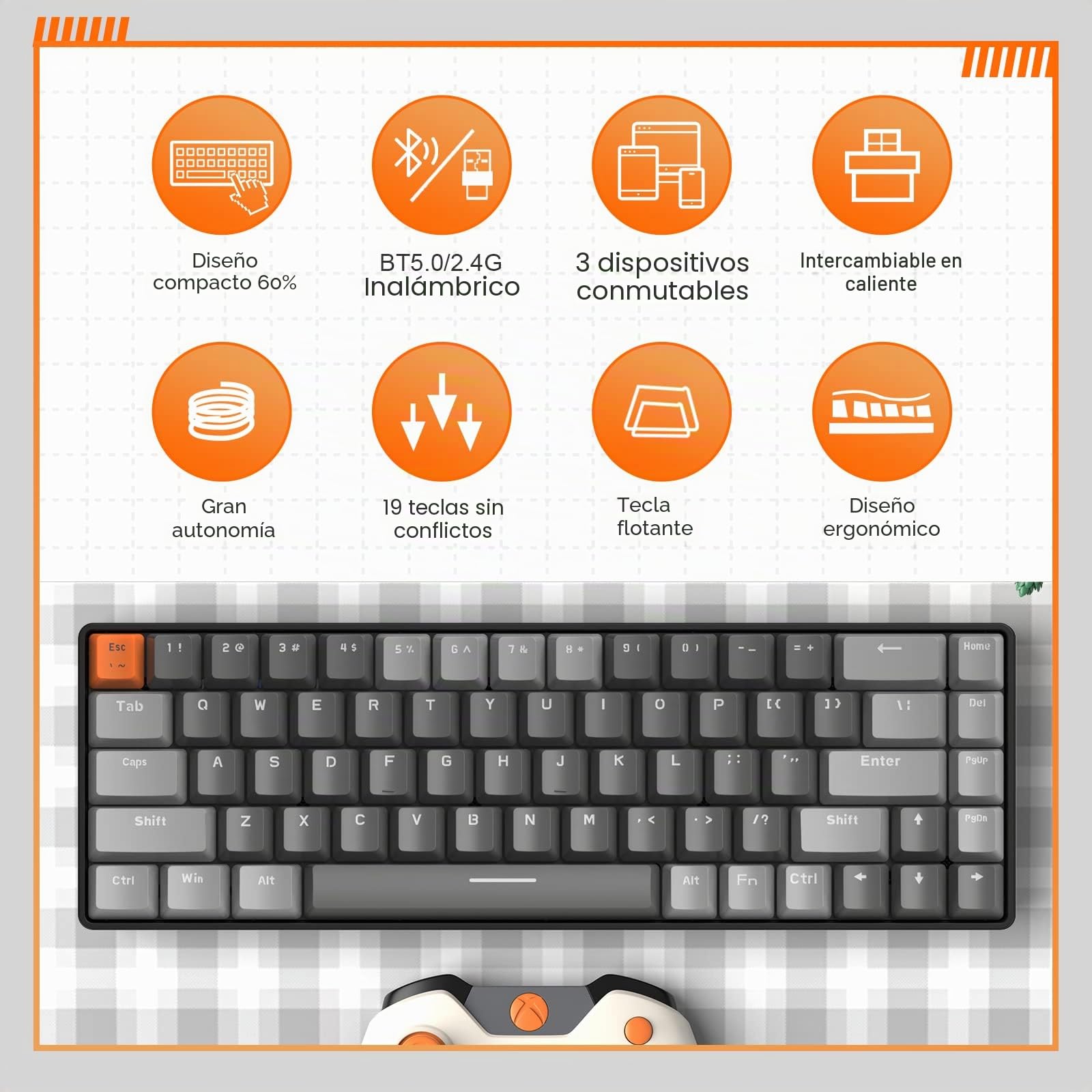 YINDIAO K68 60% Teclado Mecánico Inalámbrico para Juegos,Bluetooth 5.0/2.4Ghz,diseño de América,Mini Teclado Compacto de 68 Teclas con USB A/Type C Receptor,Hot Swap,Interruptor Rojo (Gris Oscuro)