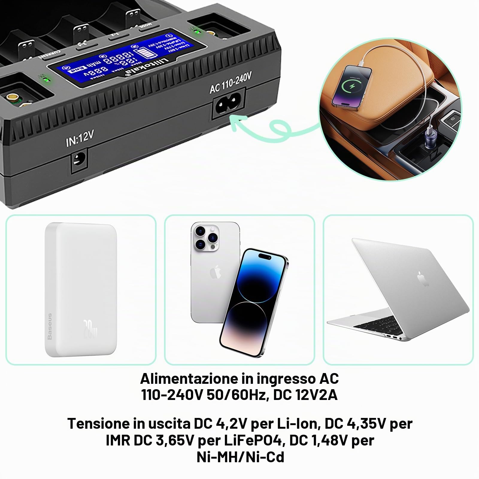 LiitoKala Lii-D4XL Caricabatterie con display LCD, per 14500 18650 26650 32700 AA AAA Li-lion (4.2V) Ni-MH/Ni-CD (1.48V) LiFePO4 (3.65V), potenza di ingresso AC 110-240V DC 12V2A, 4 Bay